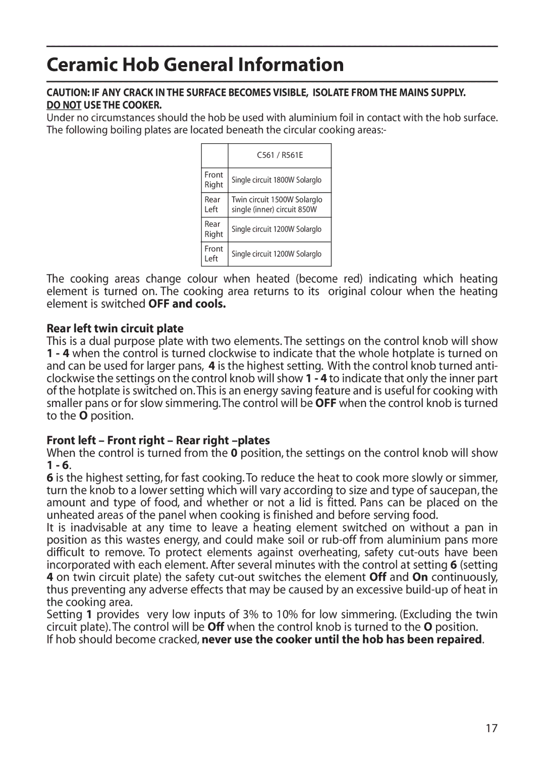Creda C561E/R561E manual Ceramic Hob General Information, Rear left twin circuit plate 