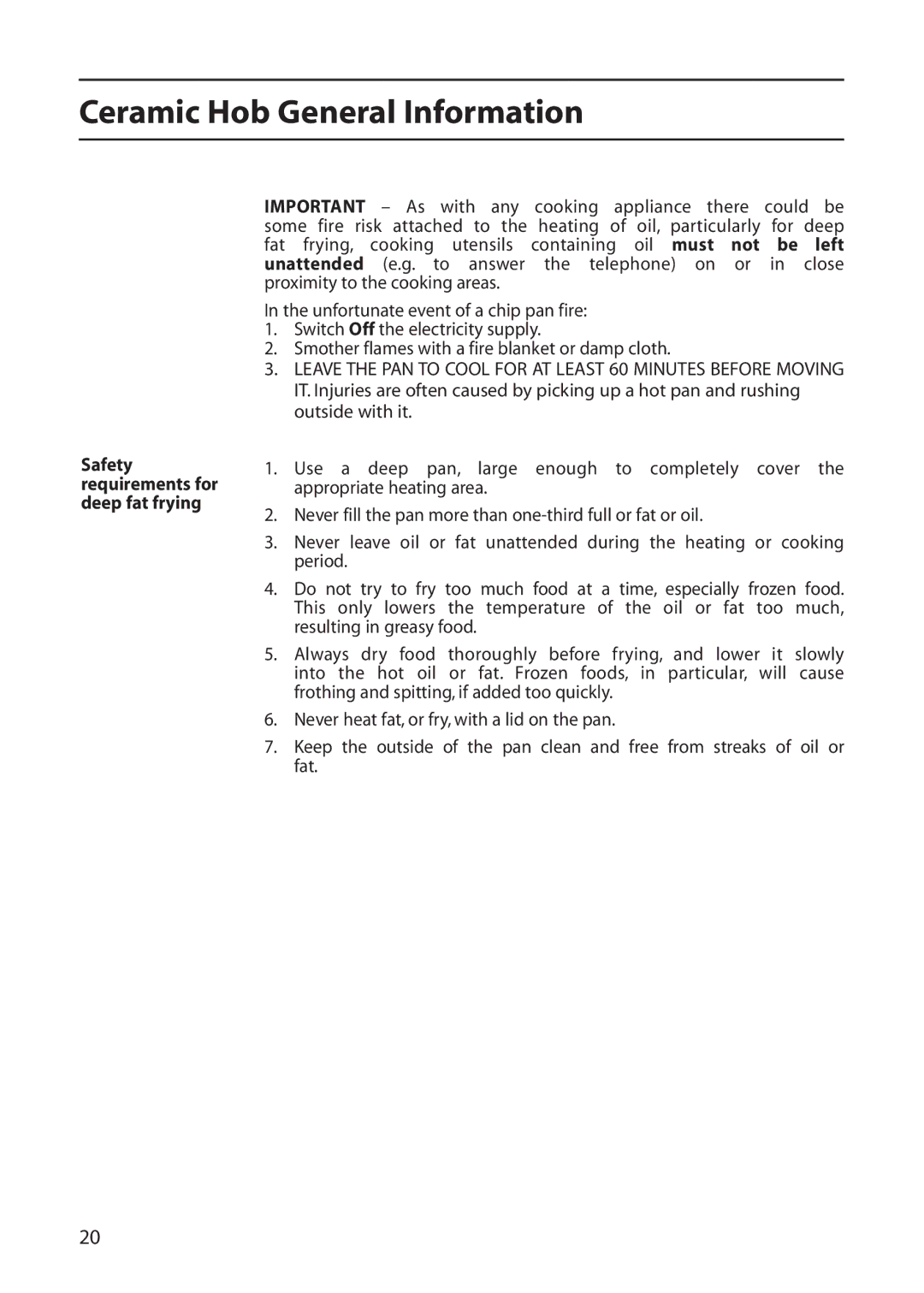 Creda C561E/R561E manual Safety requirements for deep fat frying 