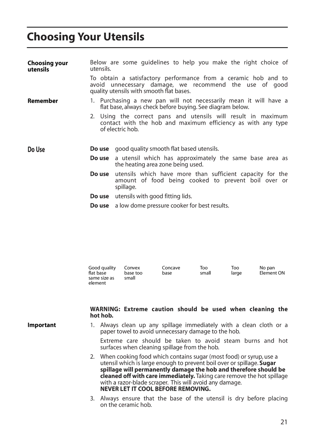 Creda C561E/R561E manual Choosing Your Utensils, Do Use, Choosing your utensils Remember 