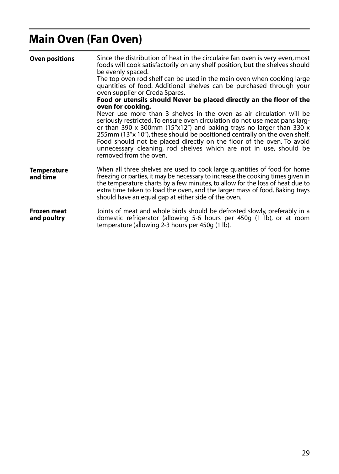 Creda C561E/R561E manual Oven positions 