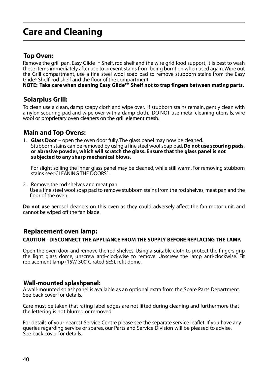 Creda C561E/R561E manual Solarplus Grill, Main and Top Ovens, Replacement oven lamp, Wall-mounted splashpanel 