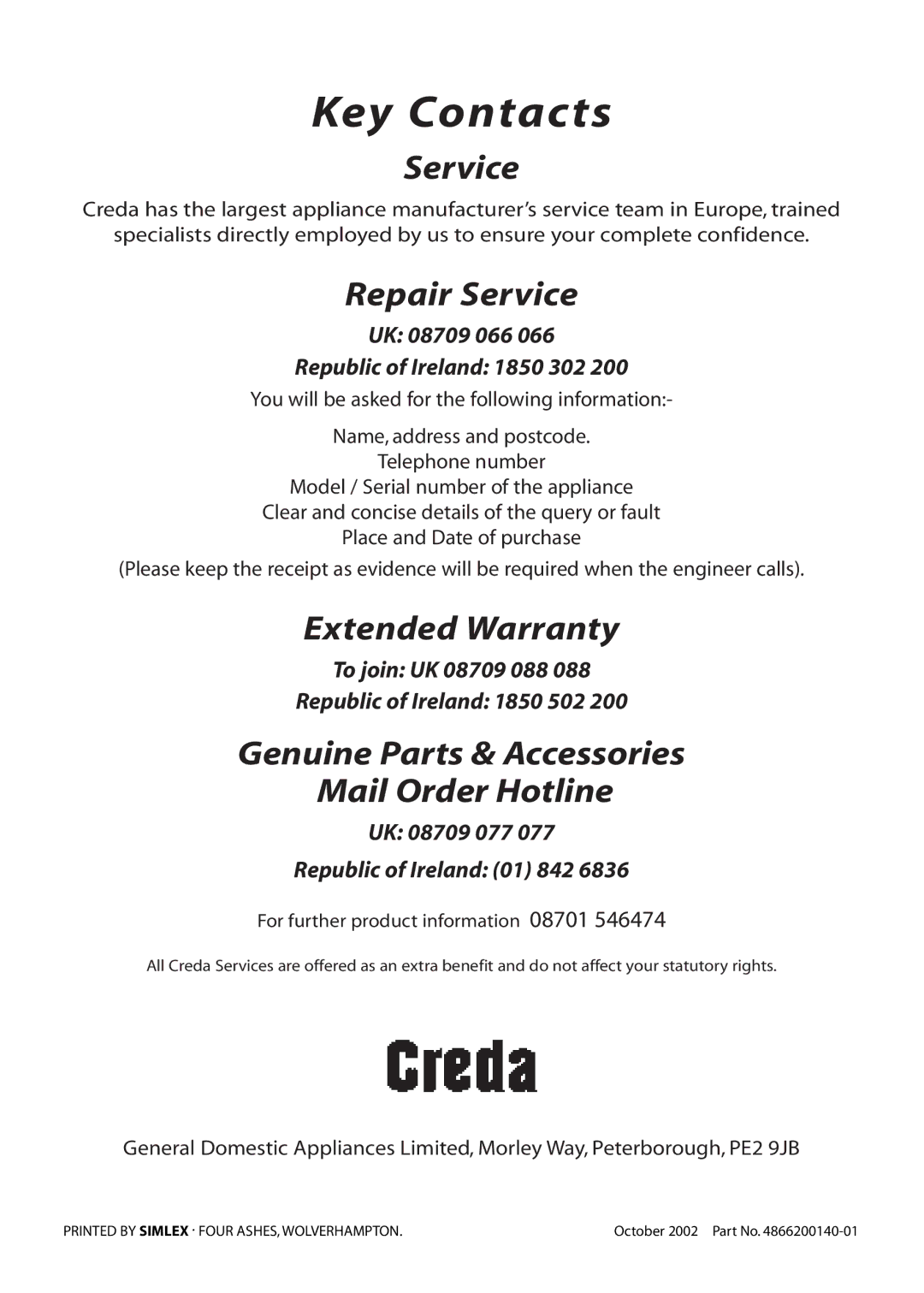 Creda C561E/R561E manual Key Contacts, For further product information 08701 