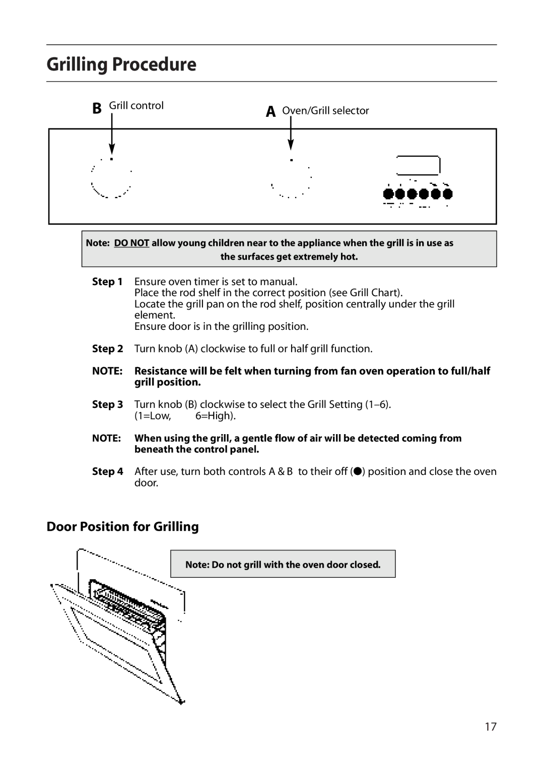 Creda CB01E manual Grilling Procedure, Door Position for Grilling 