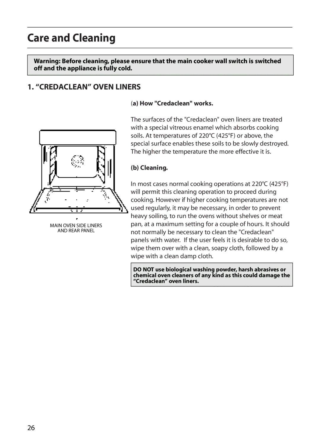 Creda CB01E manual Care and Cleaning, Credaclean Oven Liners, How Credaclean works 