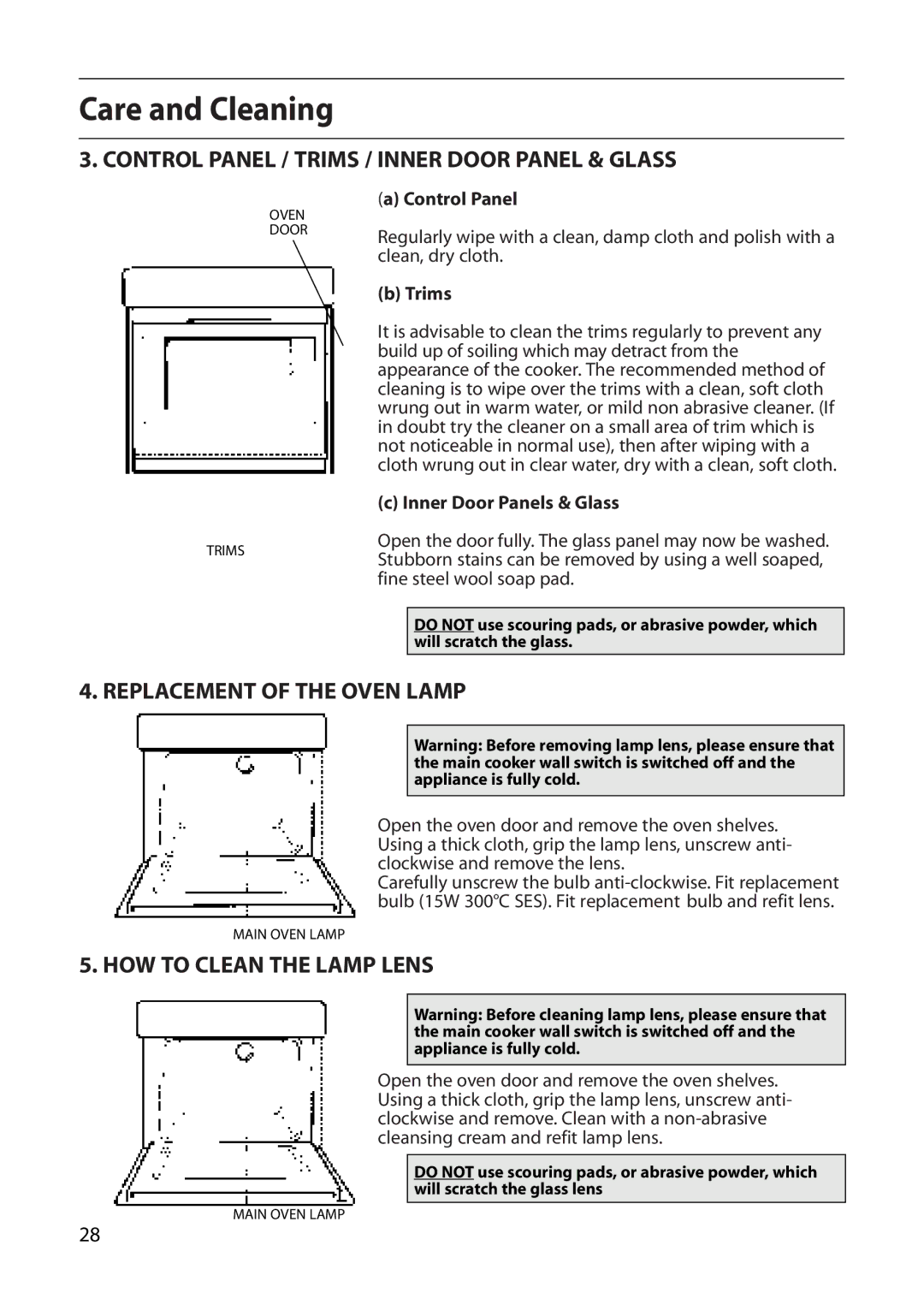 Creda CB01E Control Panel / Trims / Inner Door Panel & Glass, Replacement of the Oven Lamp, HOW to Clean the Lamp Lens 