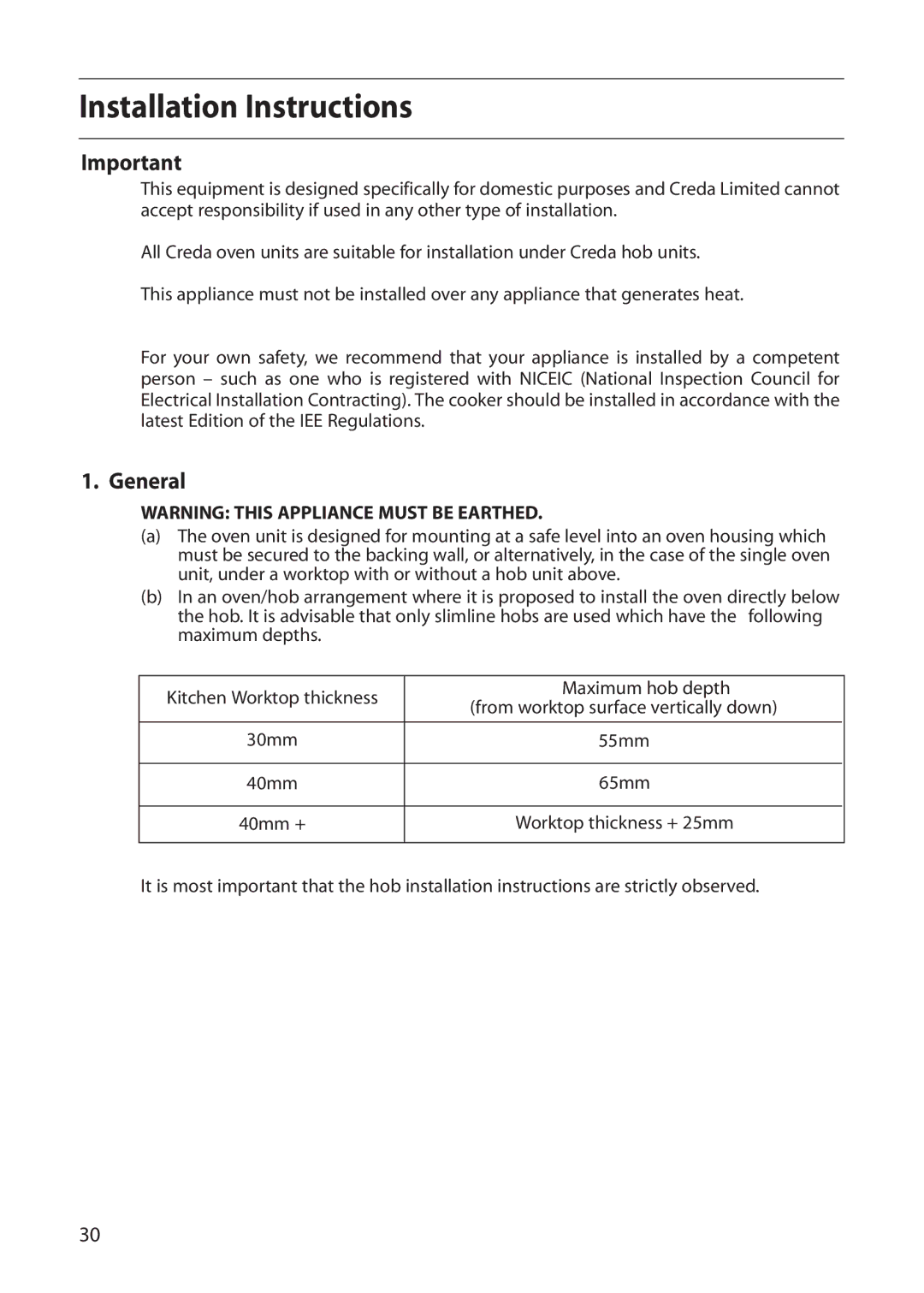 Creda CB01E manual Installation Instructions, General 