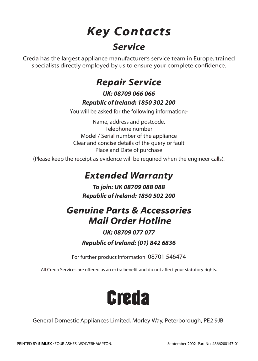 Creda CB01E manual Key Contacts 