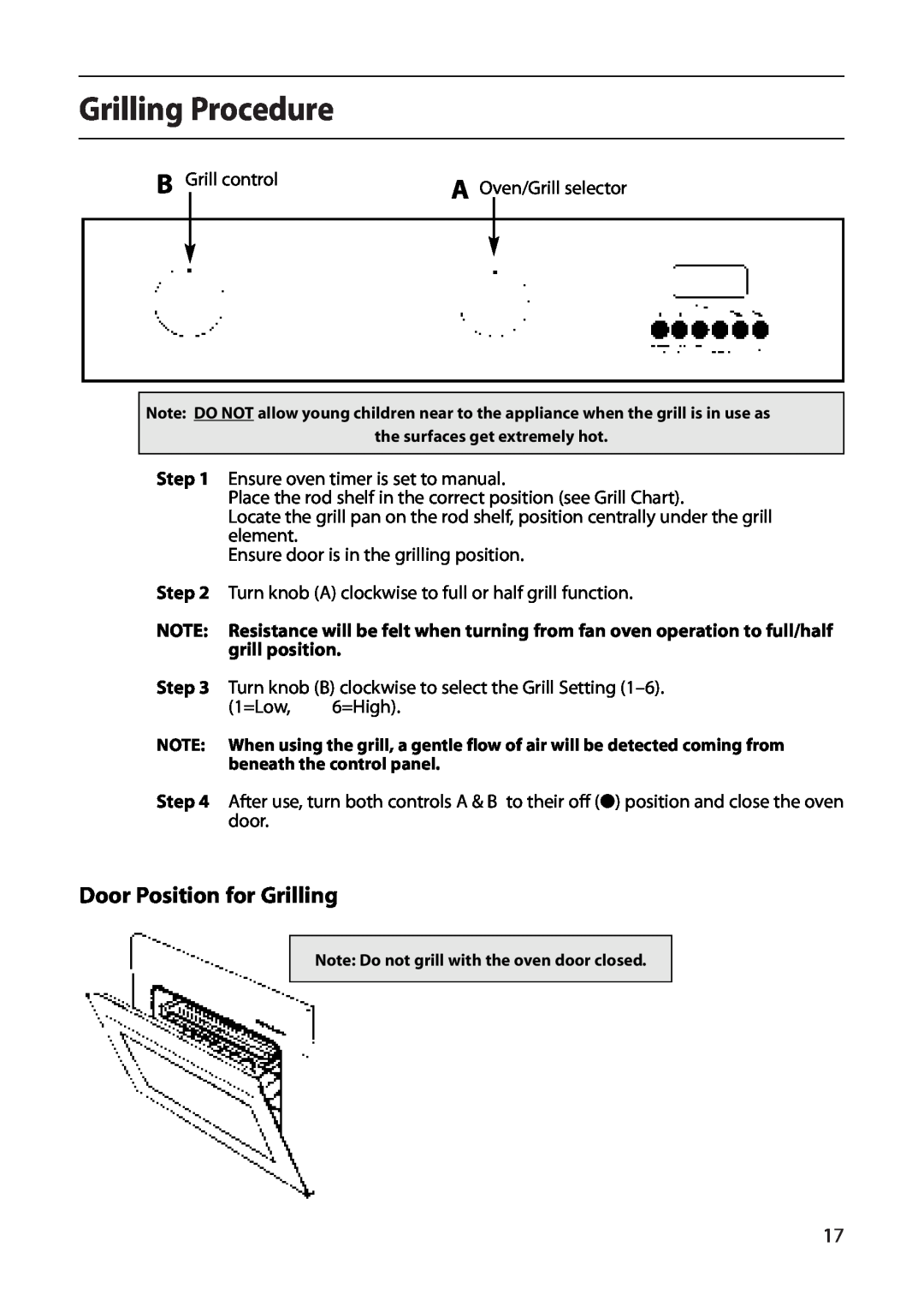 Creda CB01E manual Grilling Procedure, Door Position for Grilling 