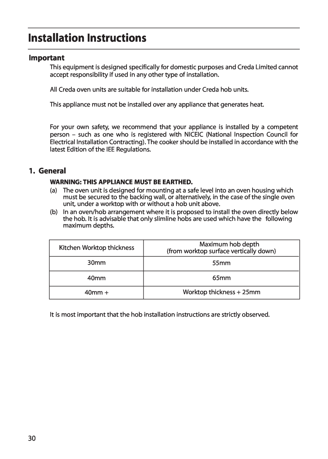 Creda CB01E manual Installation Instructions, General, Warning This Appliance Must Be Earthed 