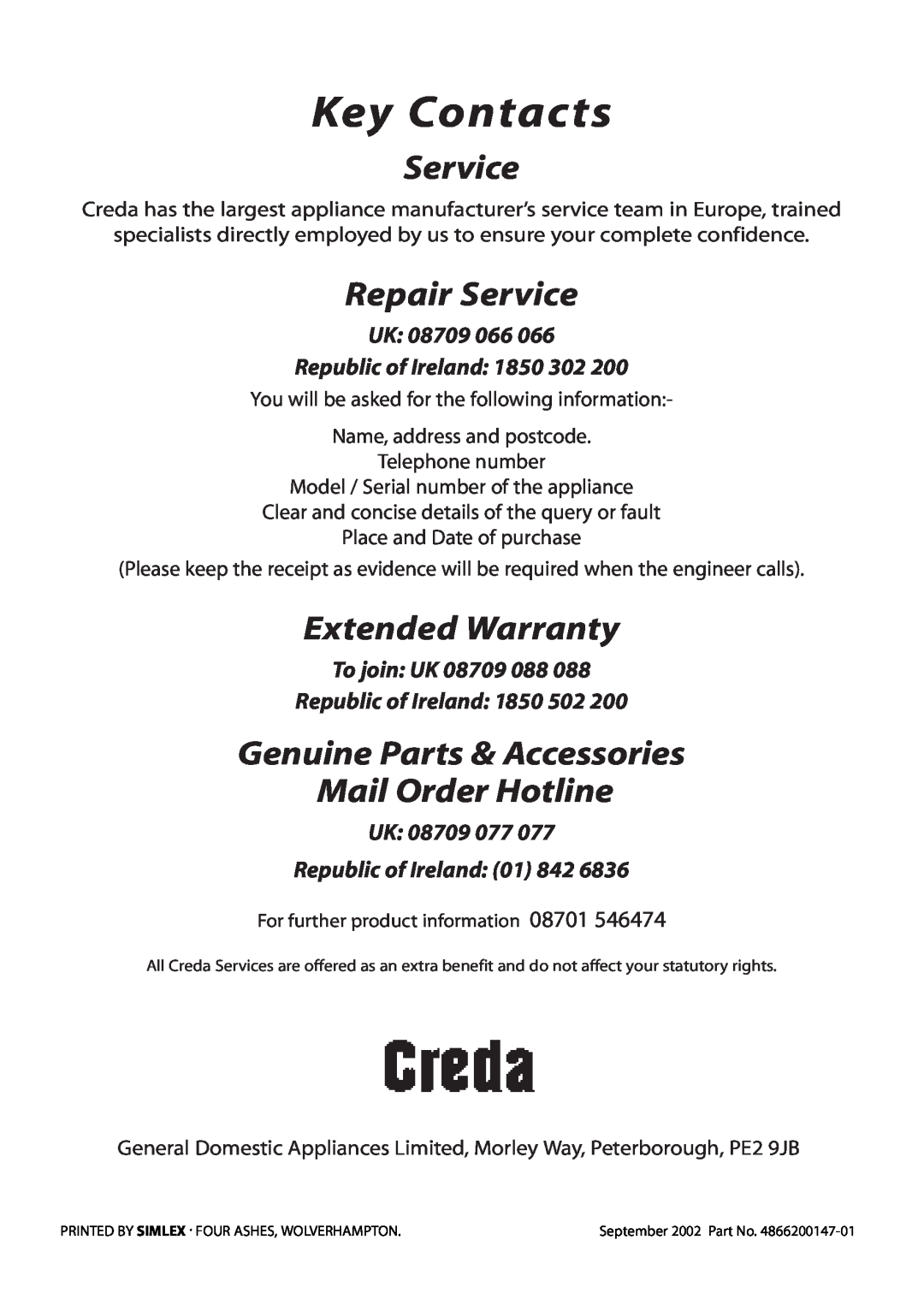 Creda CB01E manual Key Contacts, Repair Service, Extended Warranty, Genuine Parts & Accessories Mail Order Hotline 