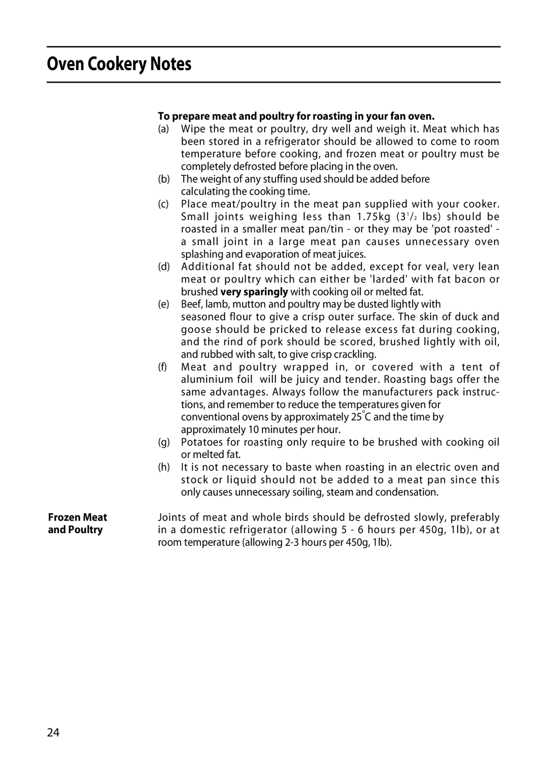 Creda CF50E manual To prepare meat and poultry for roasting in your fan oven, Frozen Meat, Poultry 