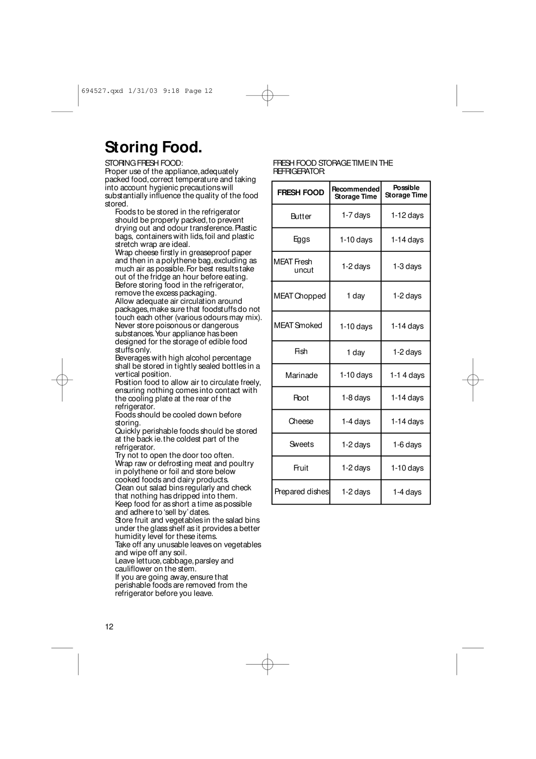 Creda CM 311 I manual Storing Food, Storing Fresh Food, Fresh Food Storage Time Refrigerator 