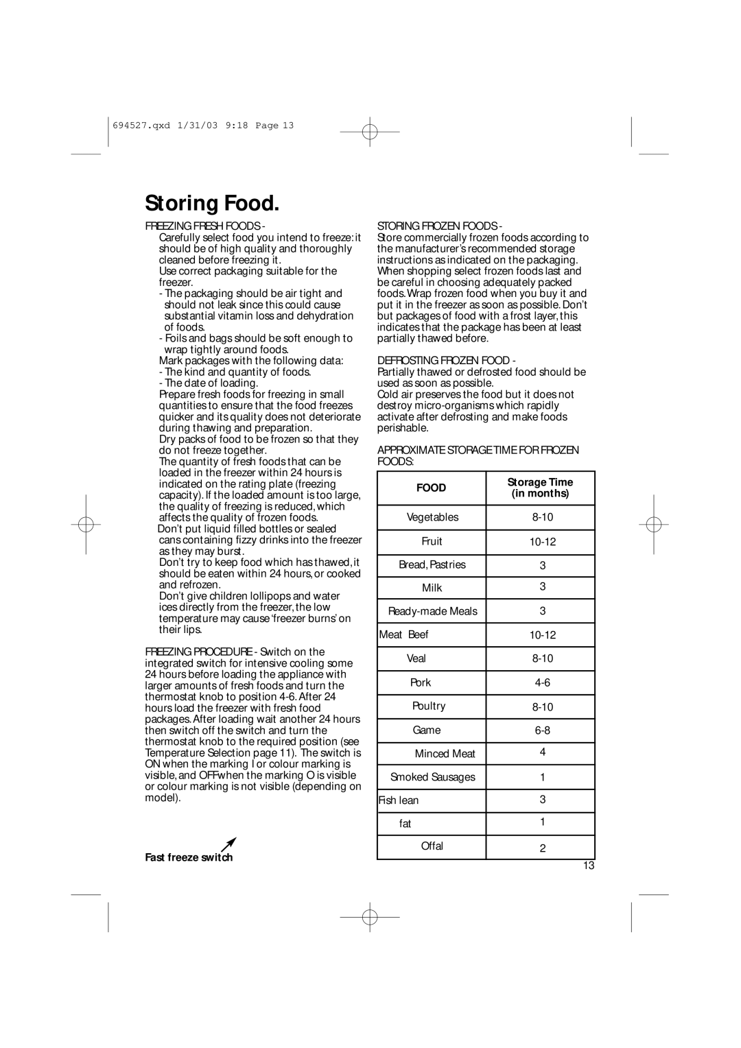 Creda CM 311 I manual Fast freeze switch, Food, Storage Time 