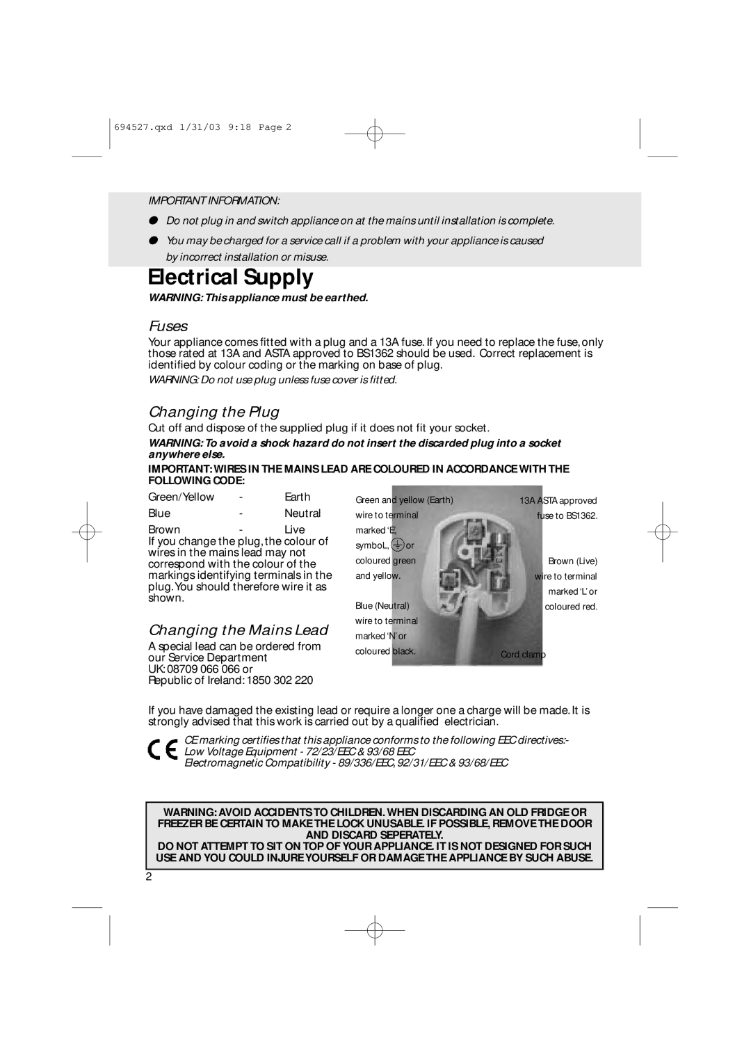 Creda CM 311 I manual Electrical Supply, Important Information 