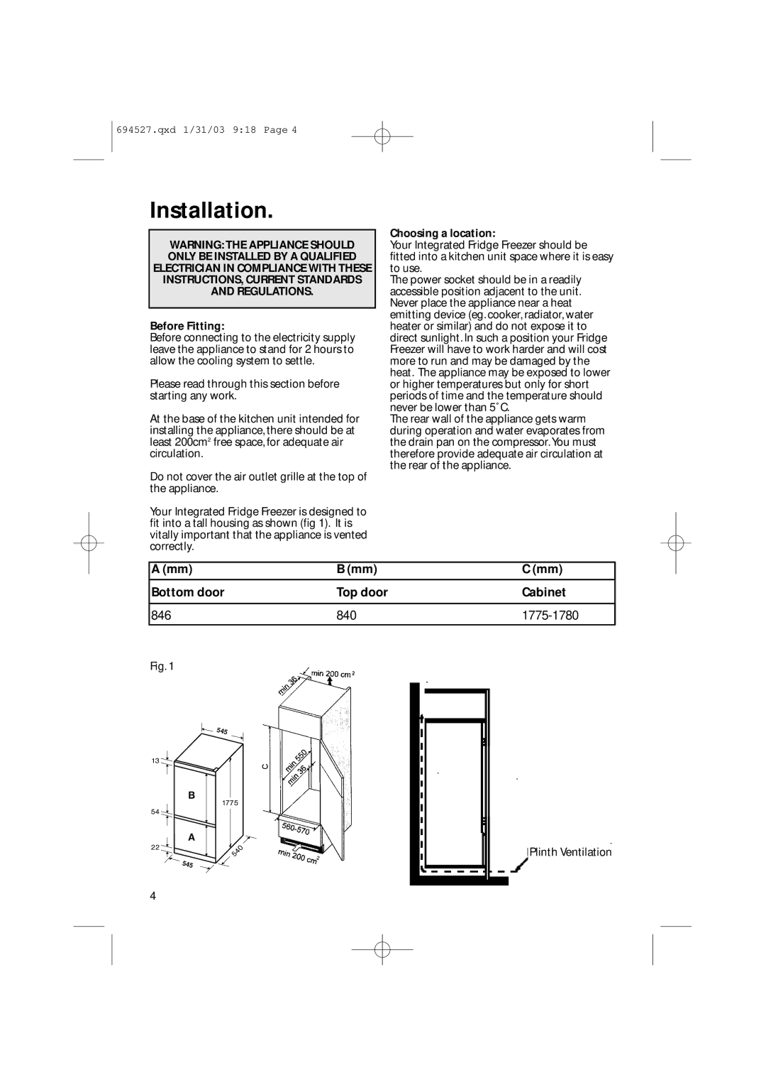 Creda CM 311 I manual Installation, Before Fitting, Choosing a location 