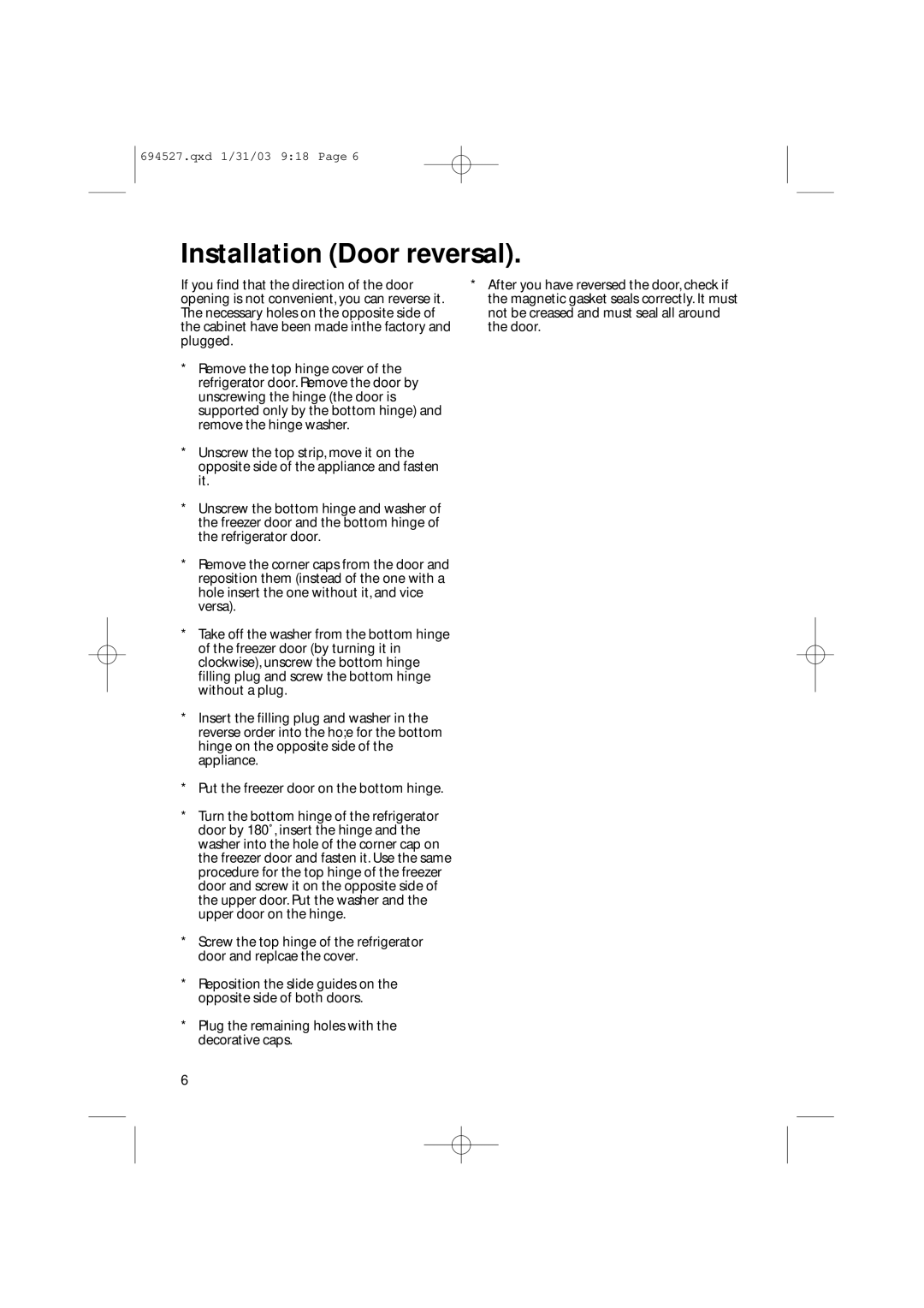 Creda CM 311 I manual Installation Door reversal 