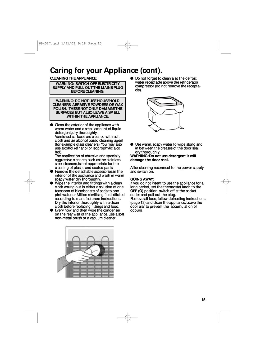 Creda CM 311 I manual Caring for your Appliance cont, Cleaning The Appliance, Going Away 