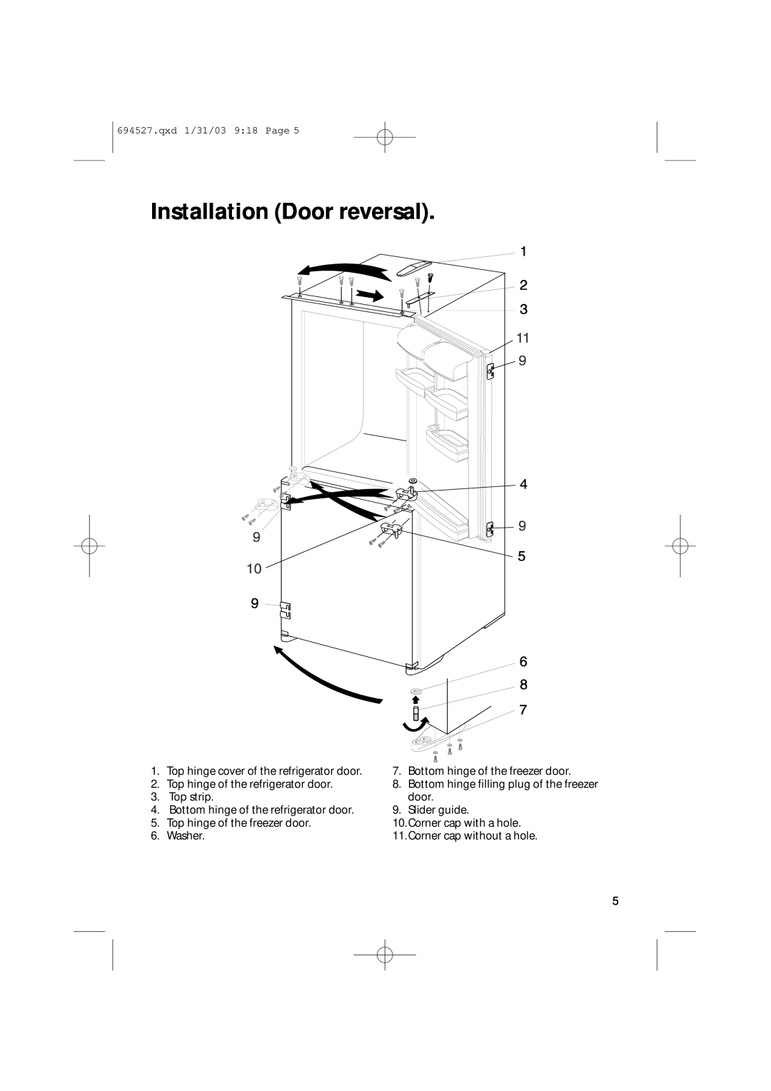 Creda CM 311 I Installation Door reversal, Top hinge cover of the refrigerator door, Bottom hinge of the refrigerator door 