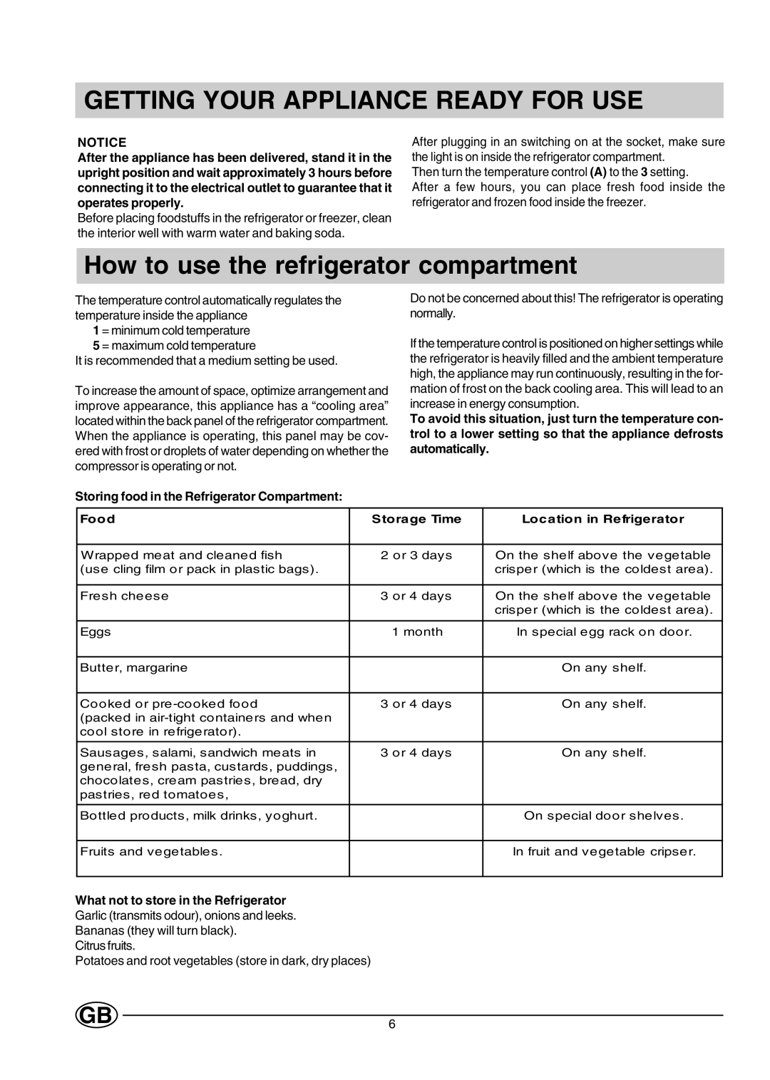 Creda CM31GI manual Getting Your Appliance Ready for USE, Storing food in the Refrigerator Compartment 