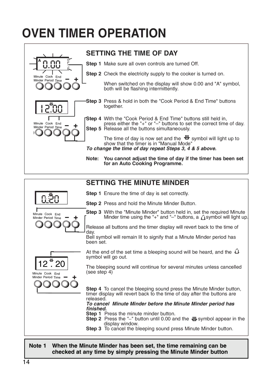 Creda Cooker manual Oven Timer Operation, Setting the Time of DAY, Setting the Minute Minder 