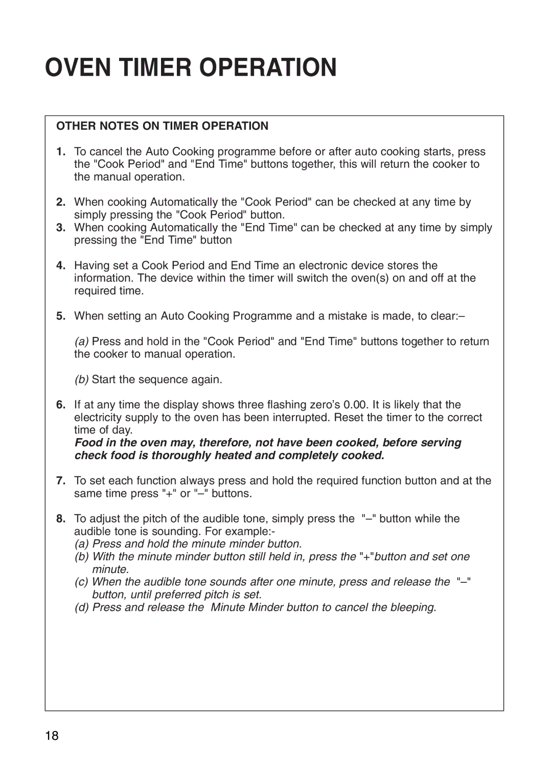 Creda Cooker manual Other Notes on Timer Operation 