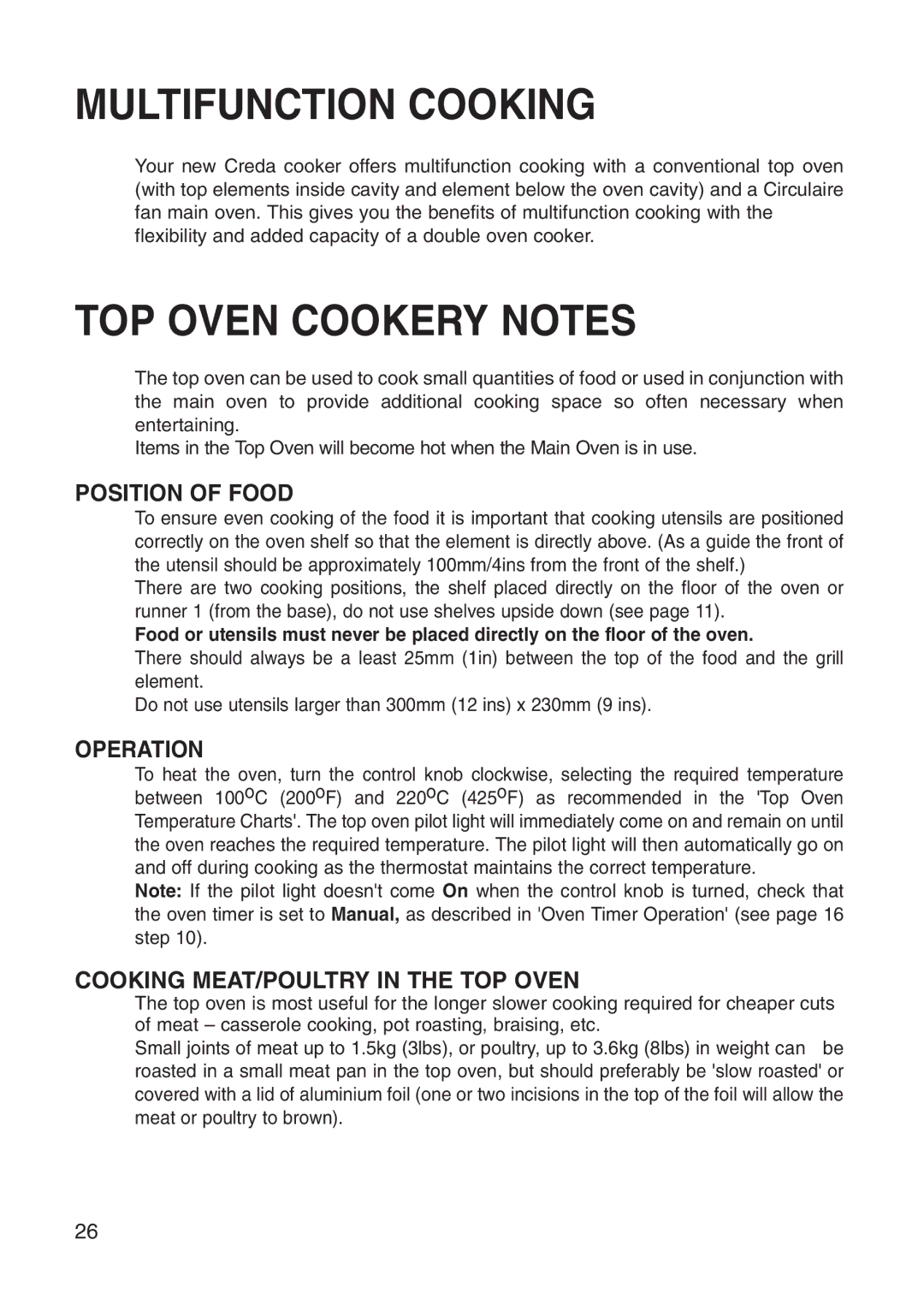 Creda Multifunction Cooking, TOP Oven Cookery Notes, Position of Food, Operation, Cooking MEAT/POULTRY in the TOP Oven 