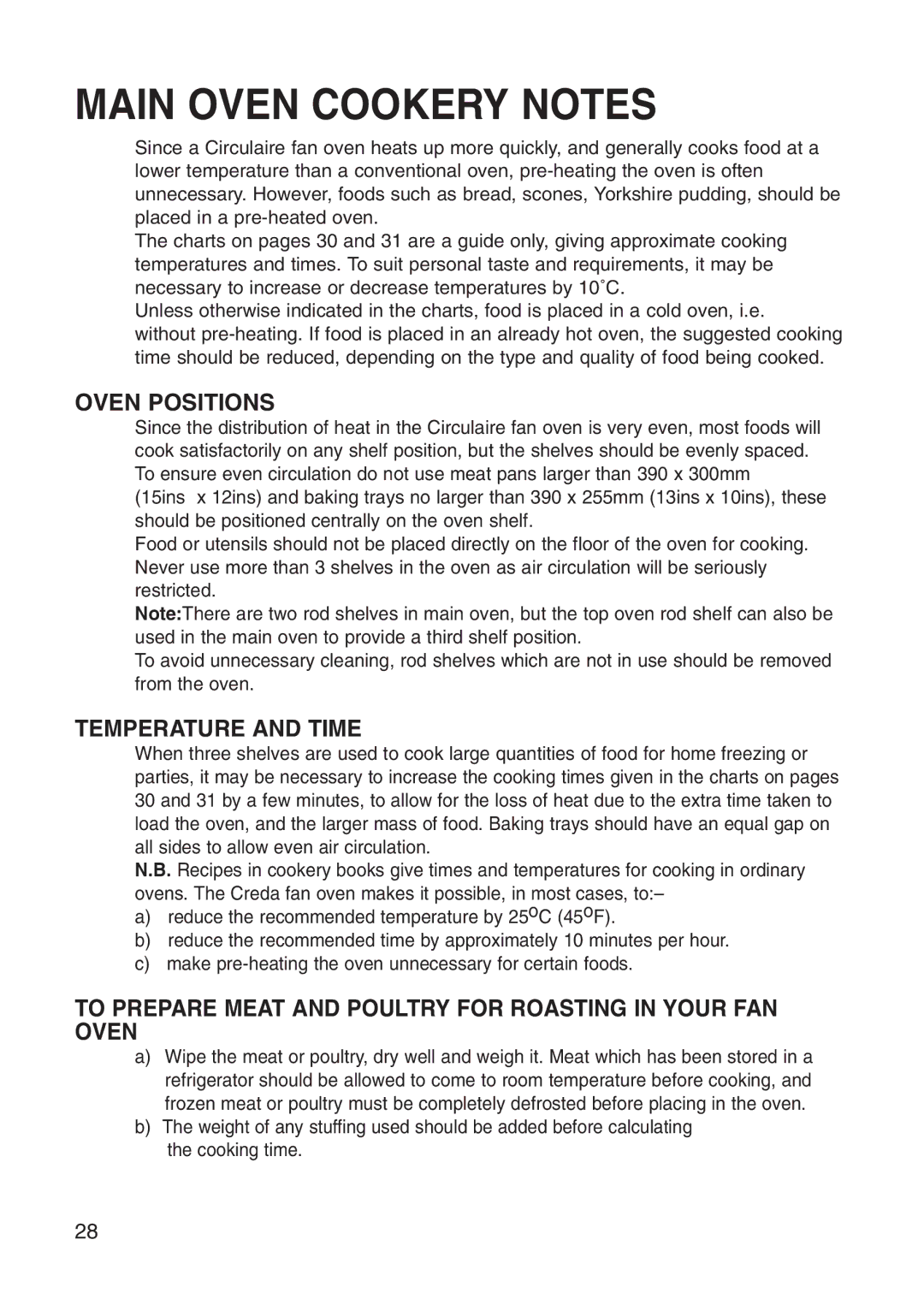 Creda manual Main Oven Cookery Notes, Oven Positions, Temperature and Time 