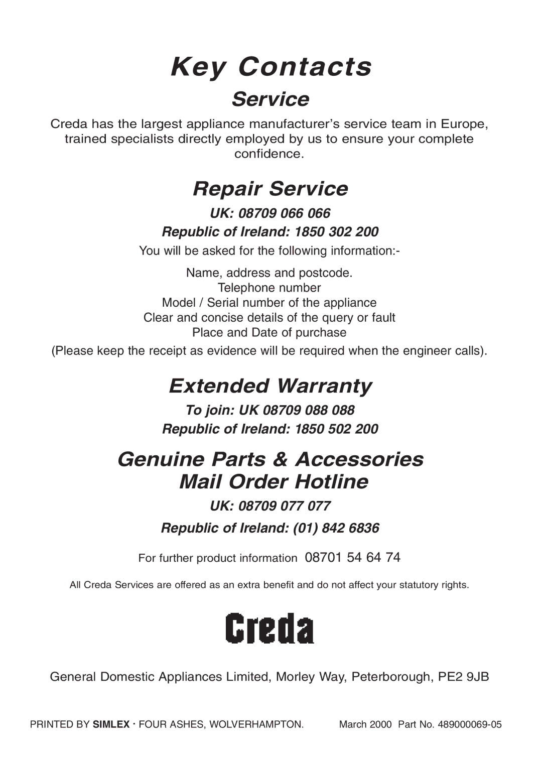 Creda Cooker manual Key Contacts 