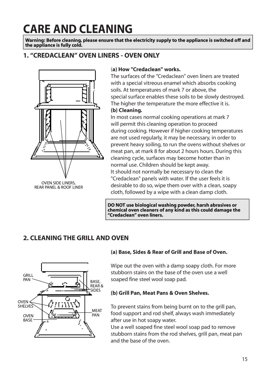 Creda Cordialle S120G Care and Cleaning, Credaclean Oven Liners Oven only, Cleaning the Grill and Oven 