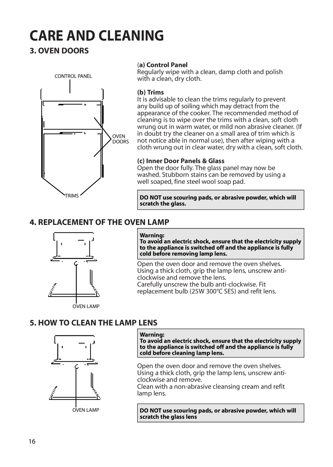 Creda Cordialle S120G installation instructions Oven Doors, Replacement of the Oven Lamp, HOW to Clean the Lamp Lens 