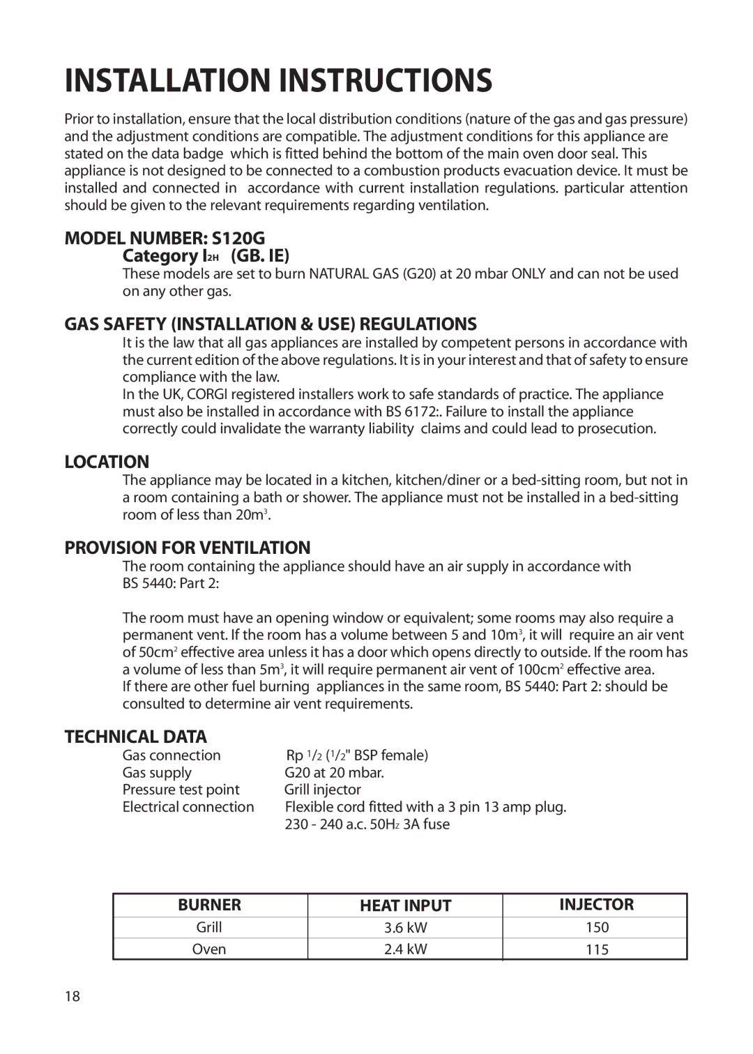 Creda Cordialle S120G installation instructions Installation Instructions 