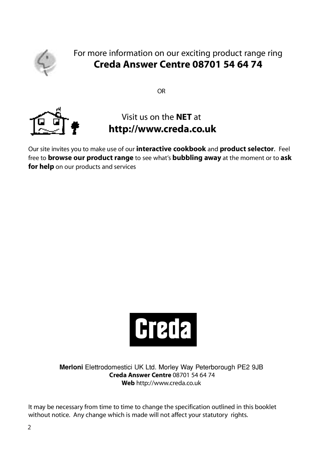 Creda Cordialle S120G installation instructions Creda Answer Centre 08701 54 64 