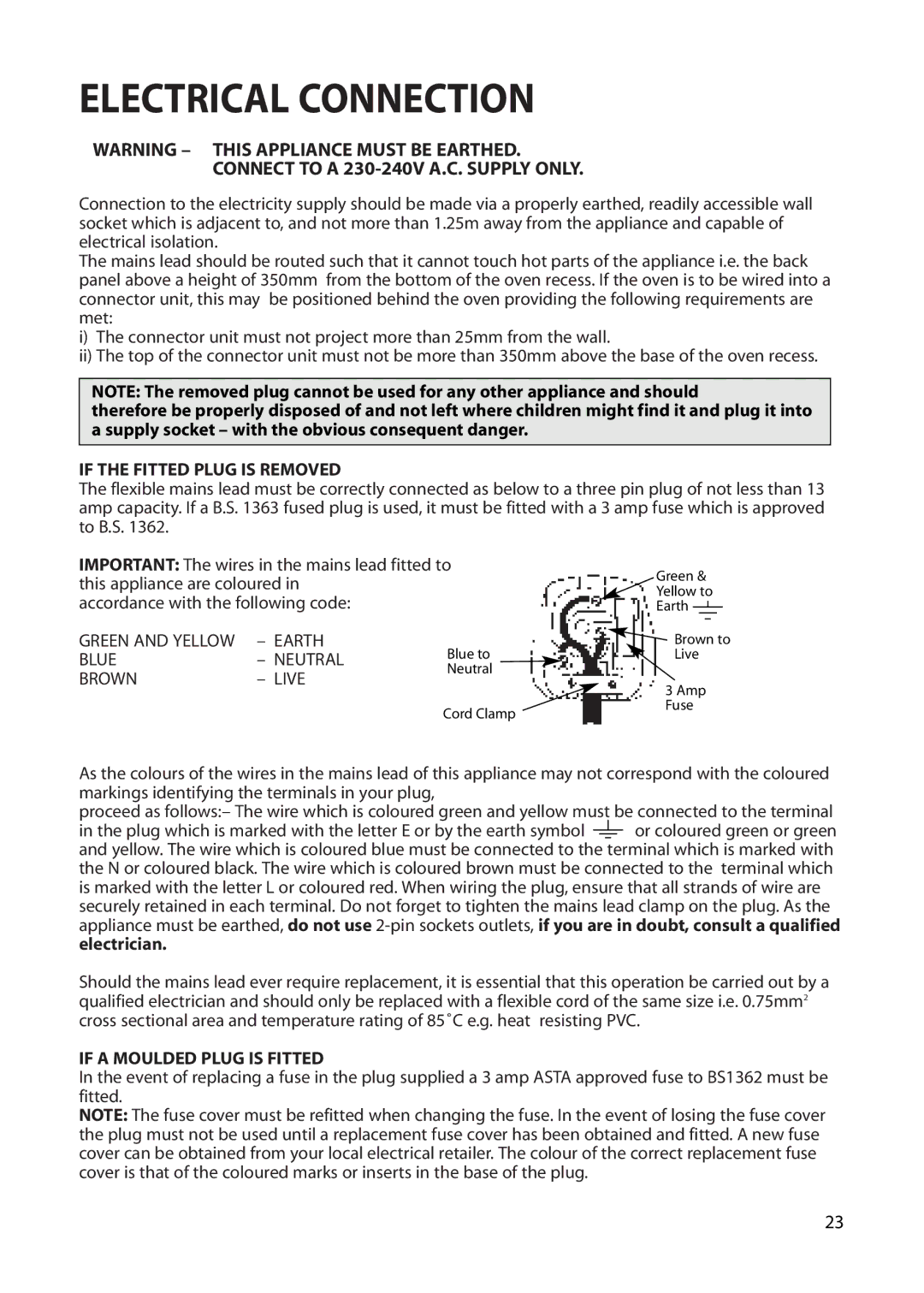 Creda Cordialle S120G installation instructions Electrical Connection, Connect to a 230-240V A.C. Supply only 