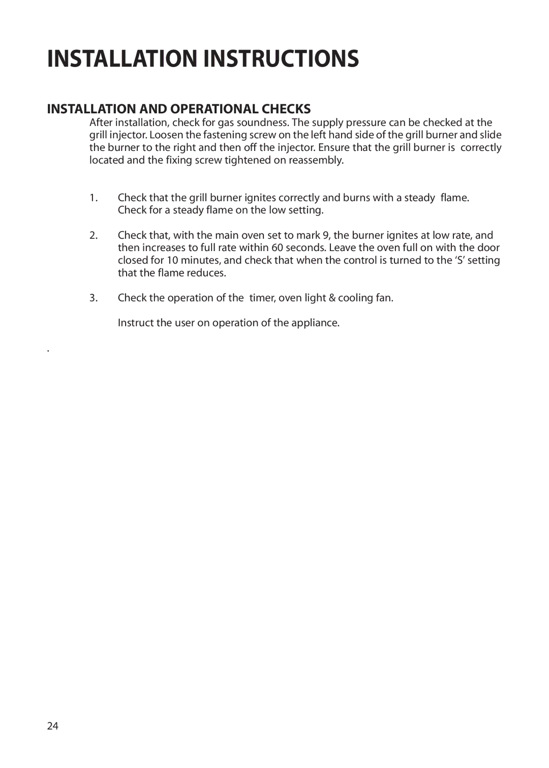 Creda Cordialle S120G installation instructions Installation and Operational Checks 