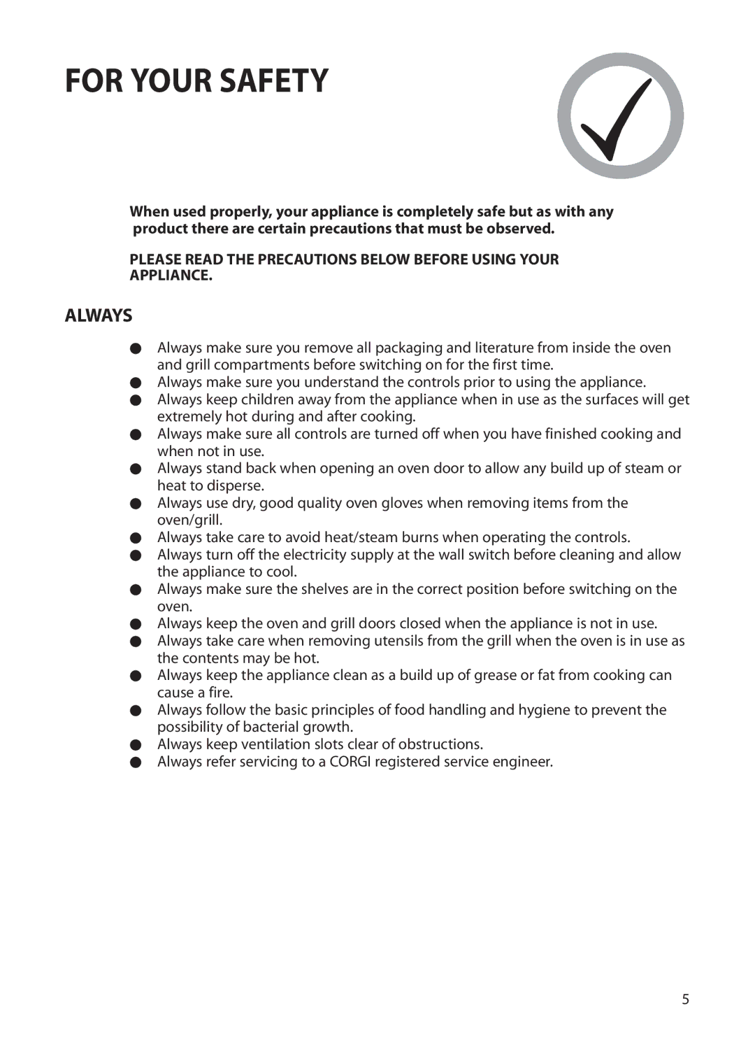 Creda Cordialle S120G installation instructions For Your Safety, Always 