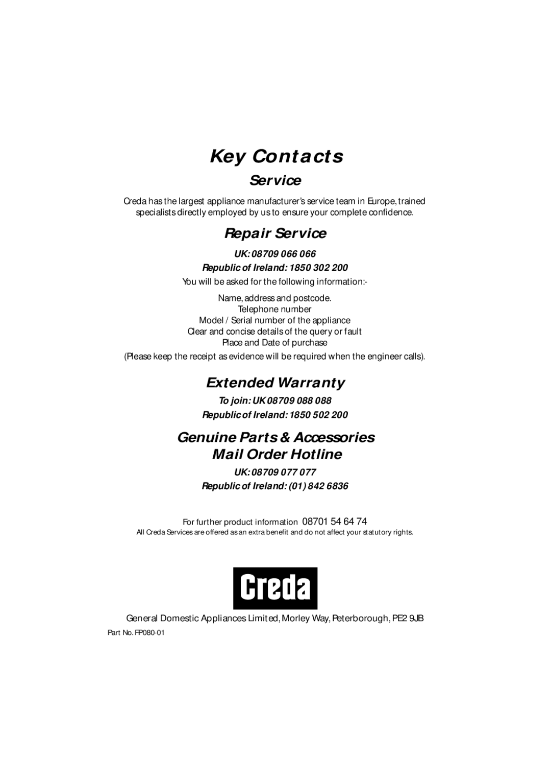 Creda CRC60 manual Key Contacts 