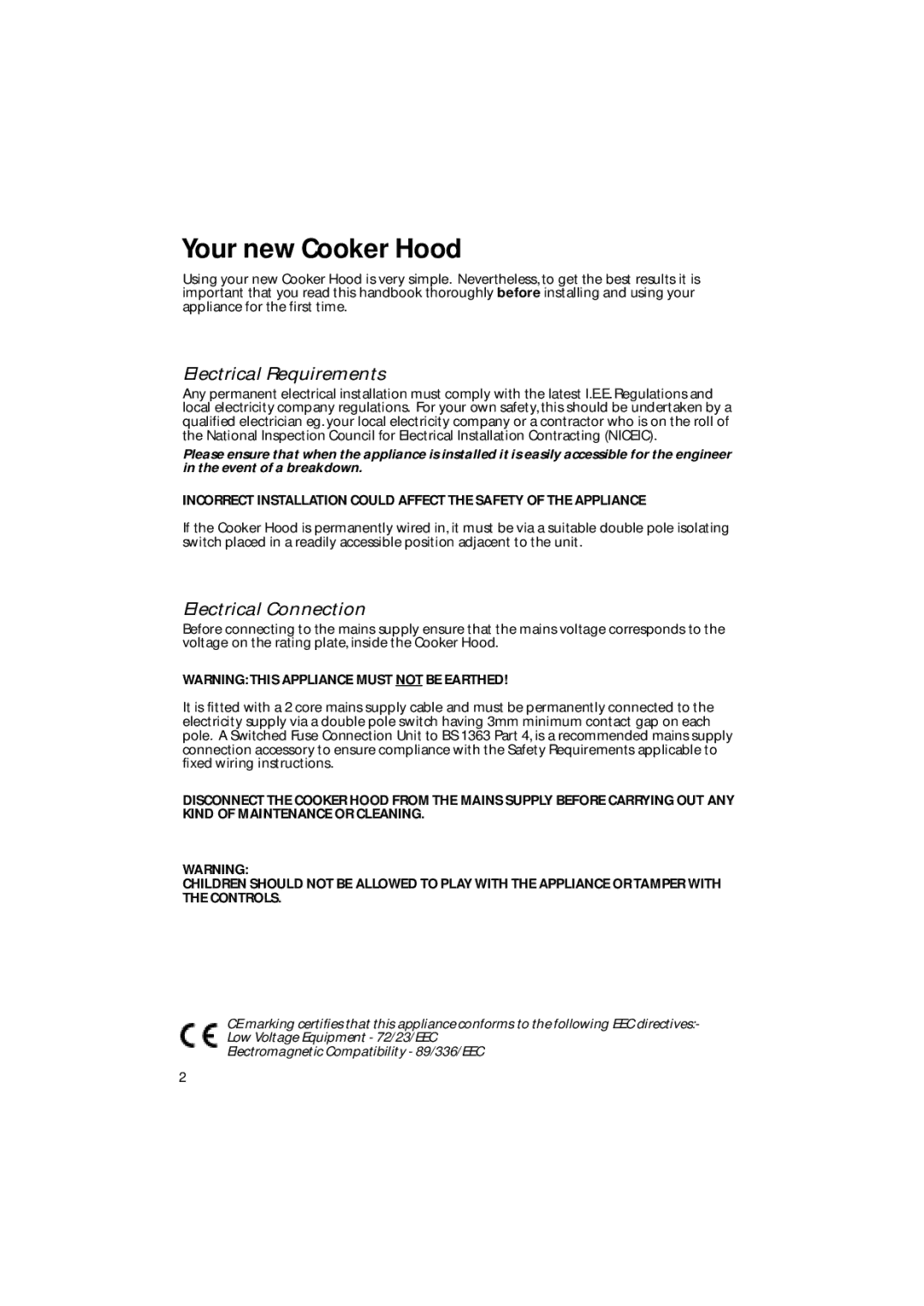 Creda CRC60 manual Your new Cooker Hood, Electrical Requirements 