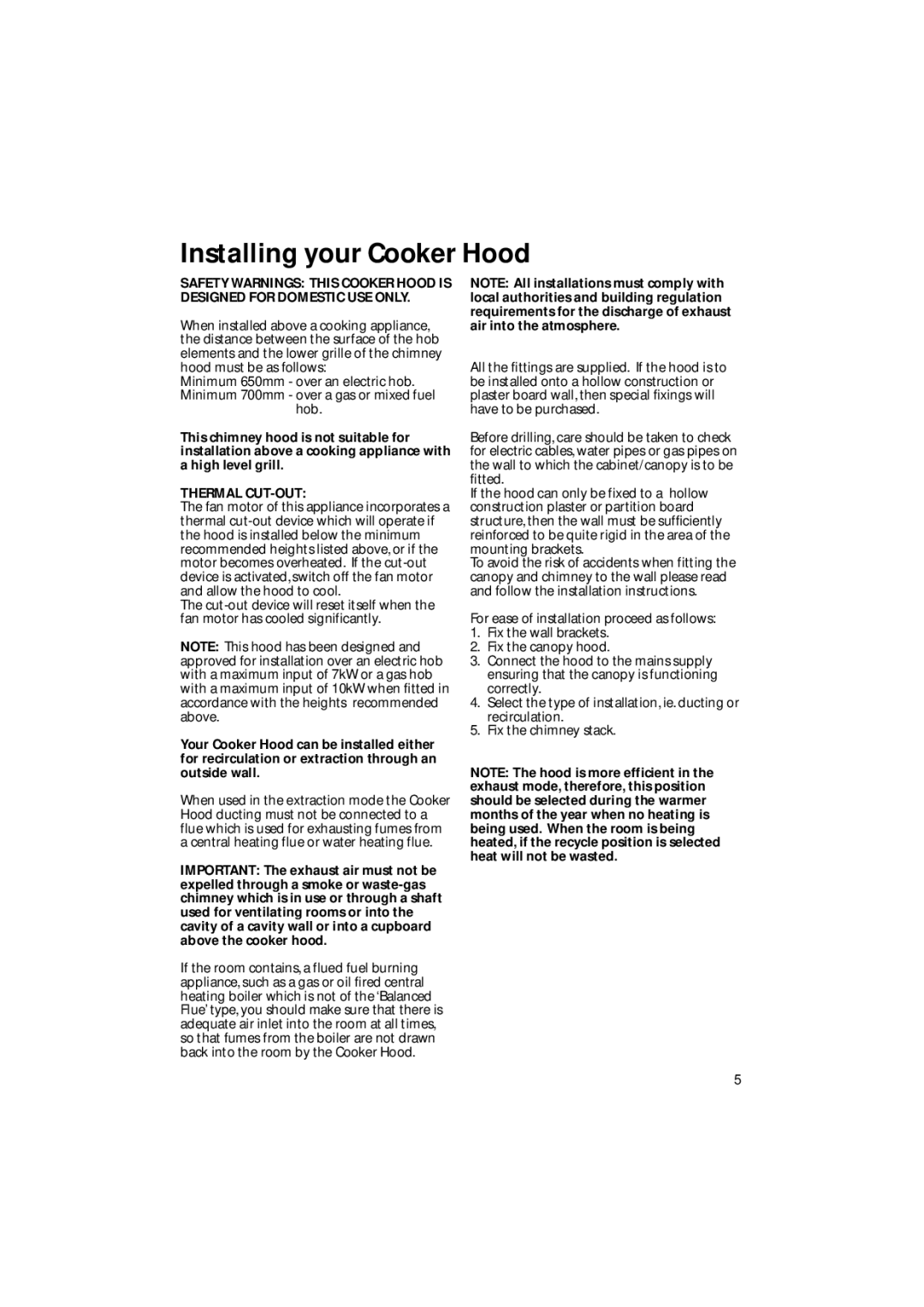 Creda CRC60 manual Installing your Cooker Hood, Thermal CUT-OUT 