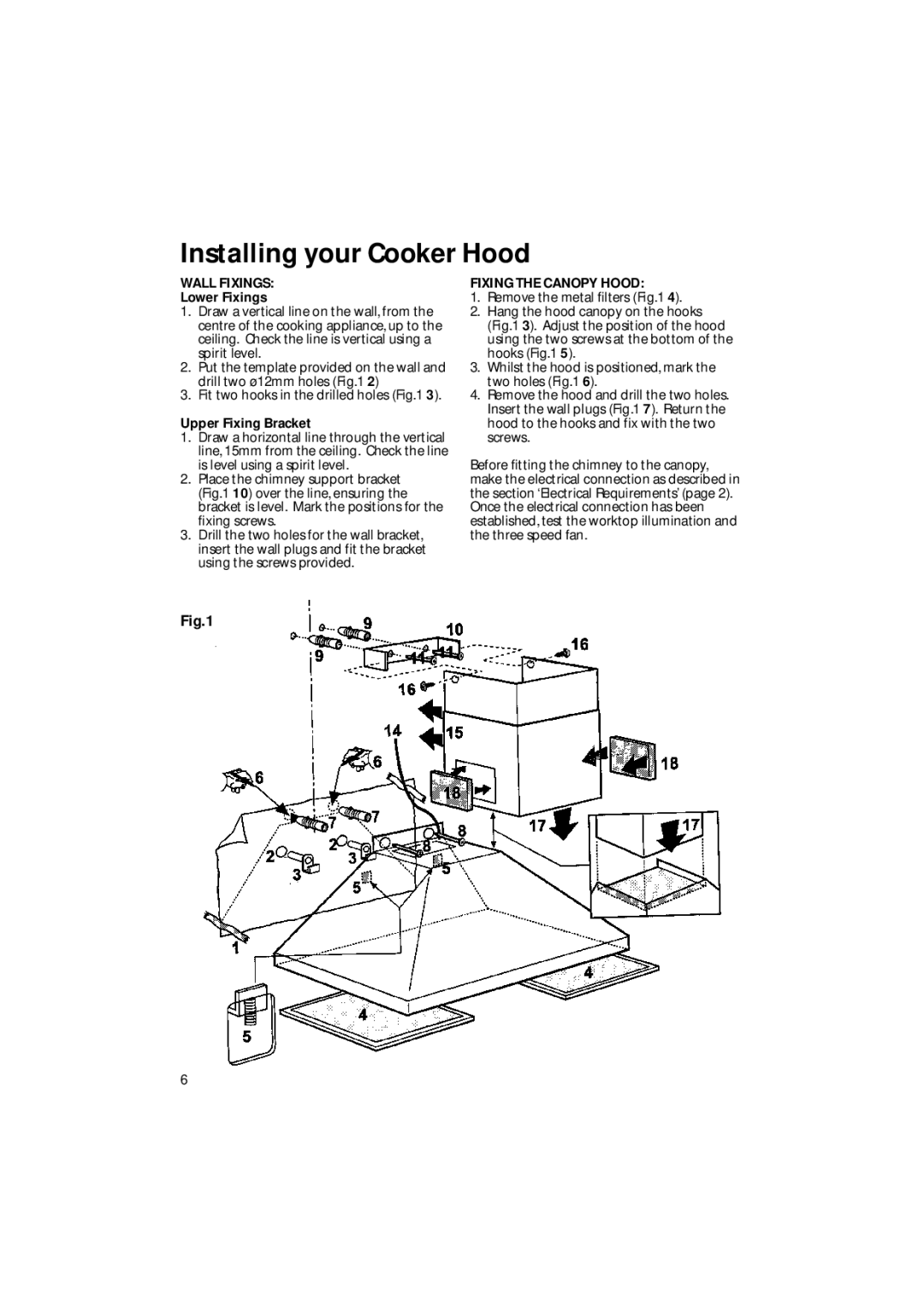 Creda CRC60 manual Wall Fixings, Lower Fixings, Upper Fixing Bracket, Fixing the Canopy Hood 