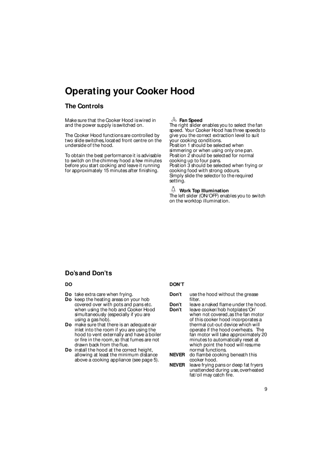 Creda CRC60 manual Operating your Cooker Hood, Don’T, Never 