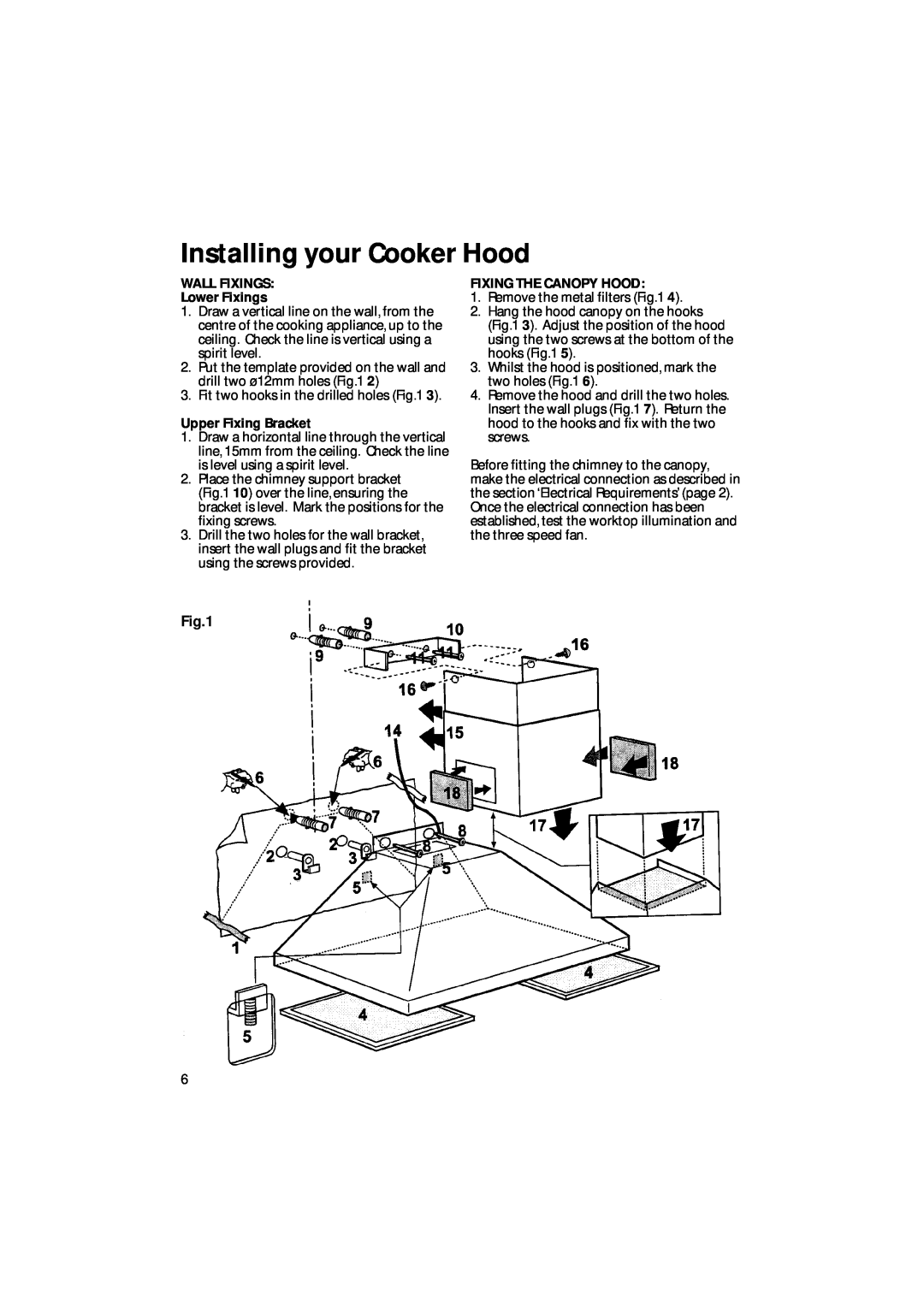 Creda CRC90, CRC65 Installing your Cooker Hood, WALL FIXINGS Lower Fixings, Upper Fixing Bracket, Fixing The Canopy Hood 