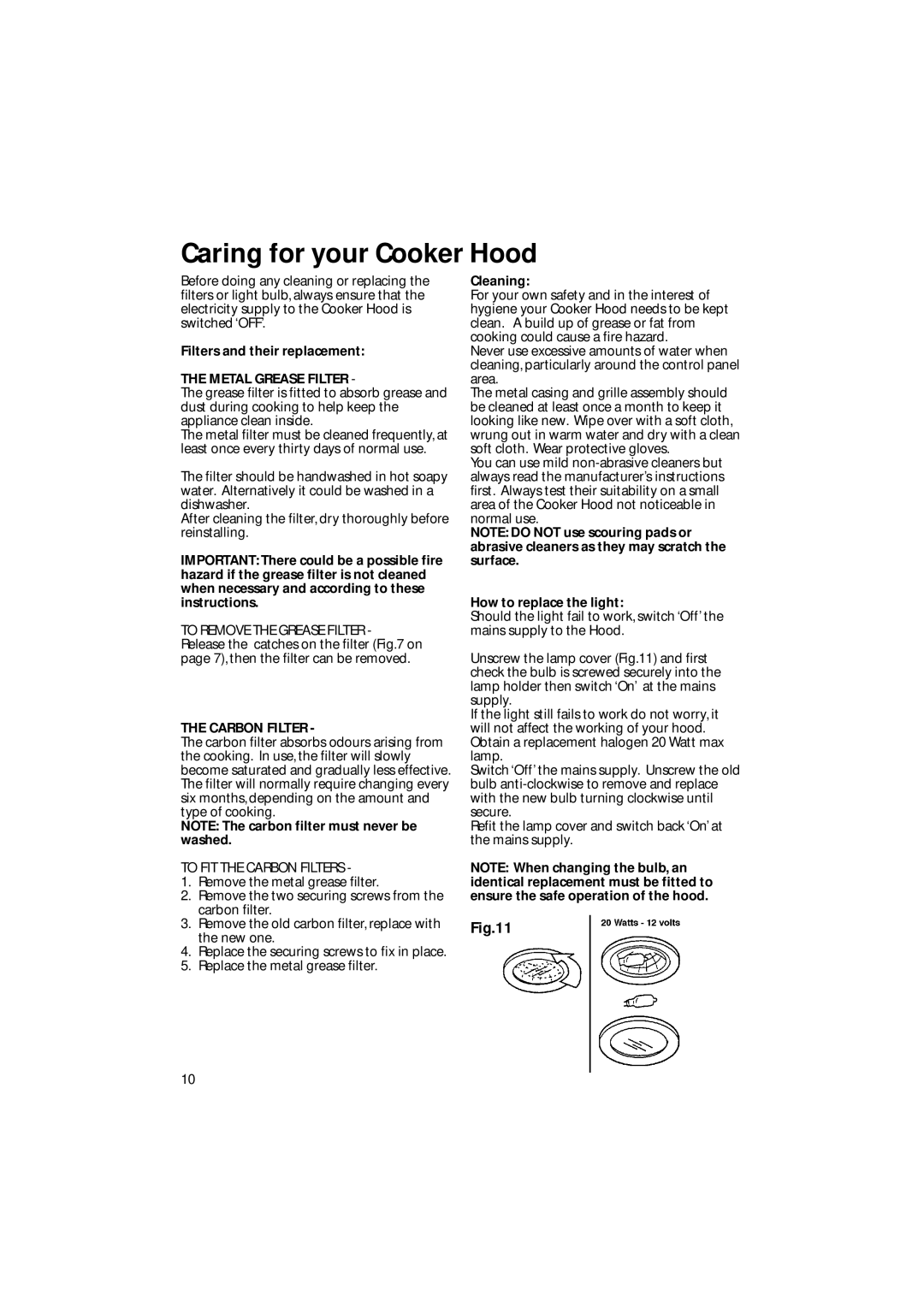 Creda CRC95 manual Caring for your Cooker Hood, Metal Grease Filter, Carbon Filter 