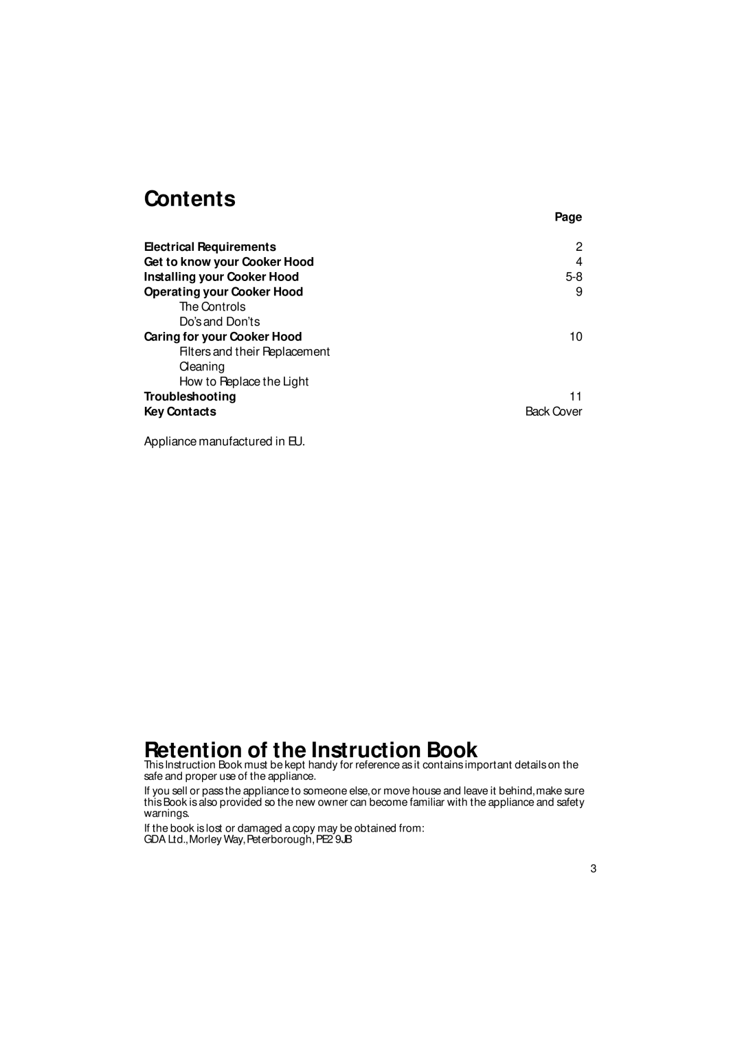 Creda CRC95 manual Contents, Retention of the Instruction Book 