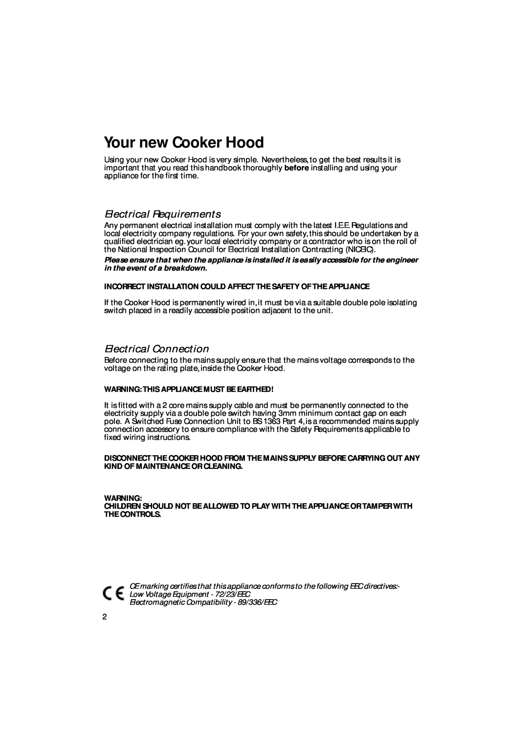 Creda CRC95 Your new Cooker Hood, Electrical Requirements, Electrical Connection, Warning This Appliance Must Be Earthed 