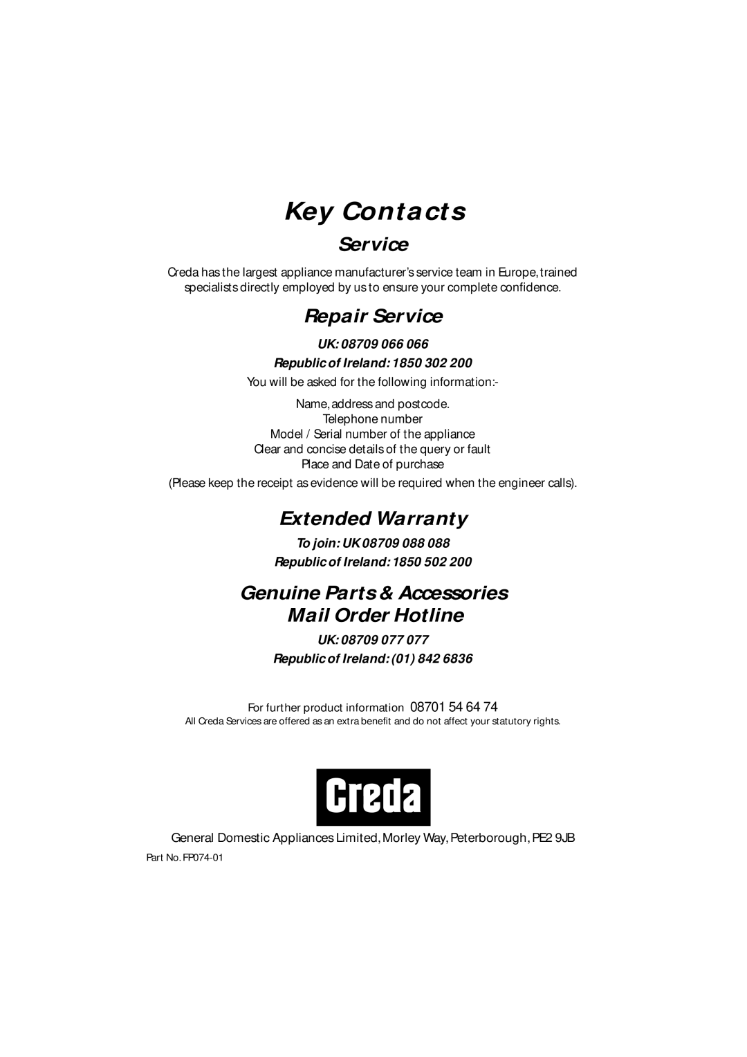 Creda CRV10 manual Key Contacts, For further product information 08701 54 64 