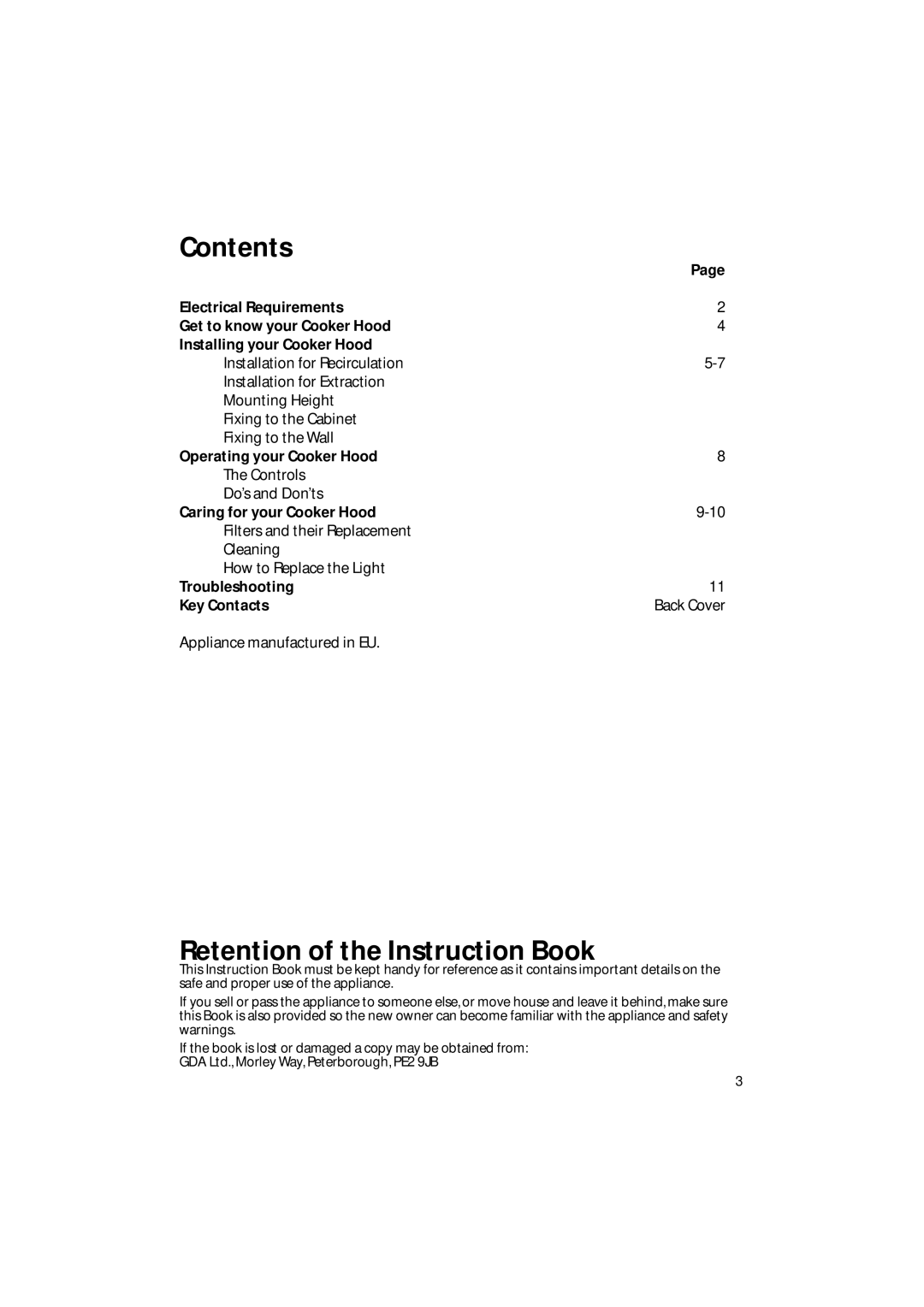 Creda CRV10 manual Contents, Retention of the Instruction Book 