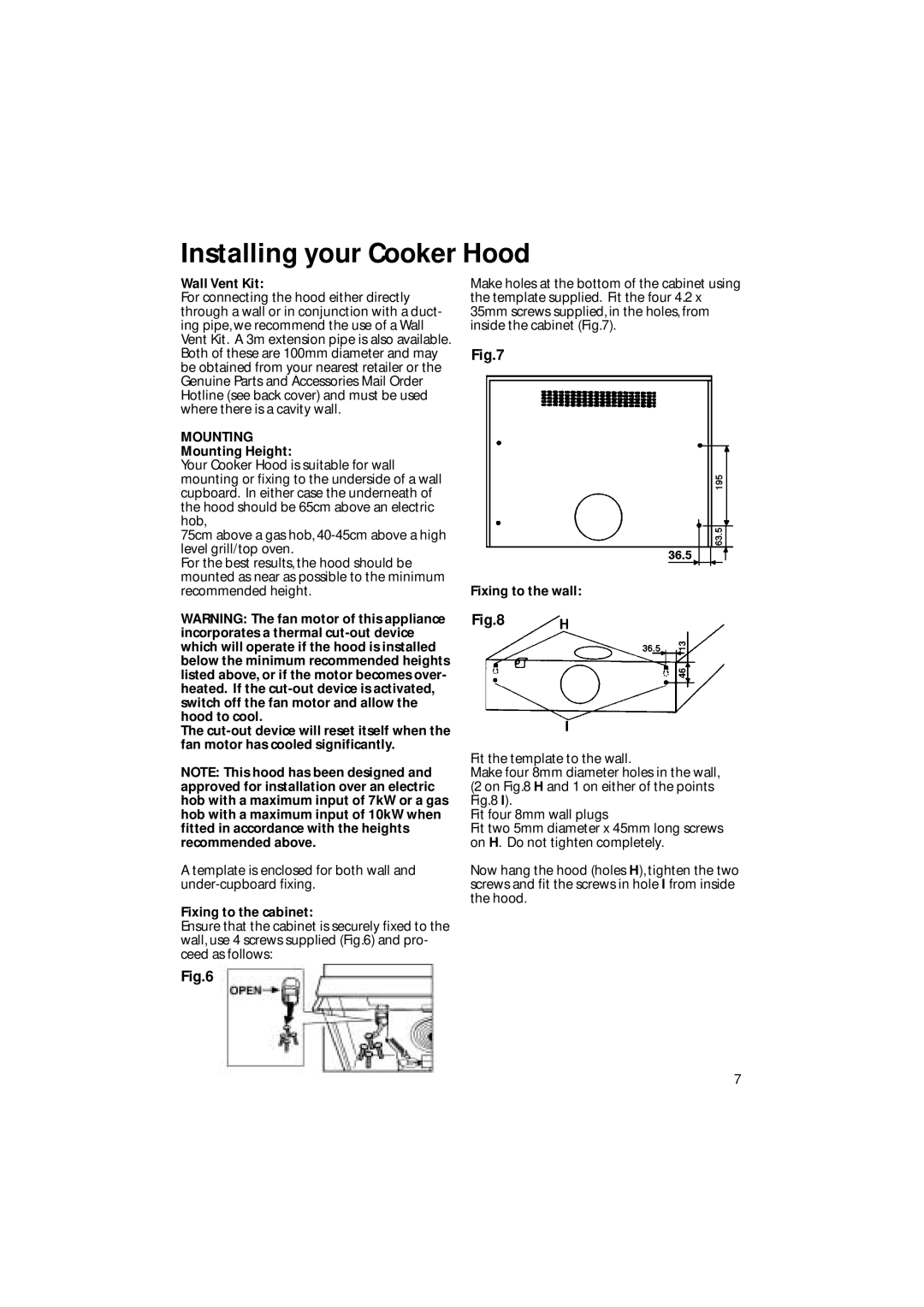 Creda CRV10 manual Wall Vent Kit, Mounting Height, Fixing to the cabinet, Fixing to the wall 