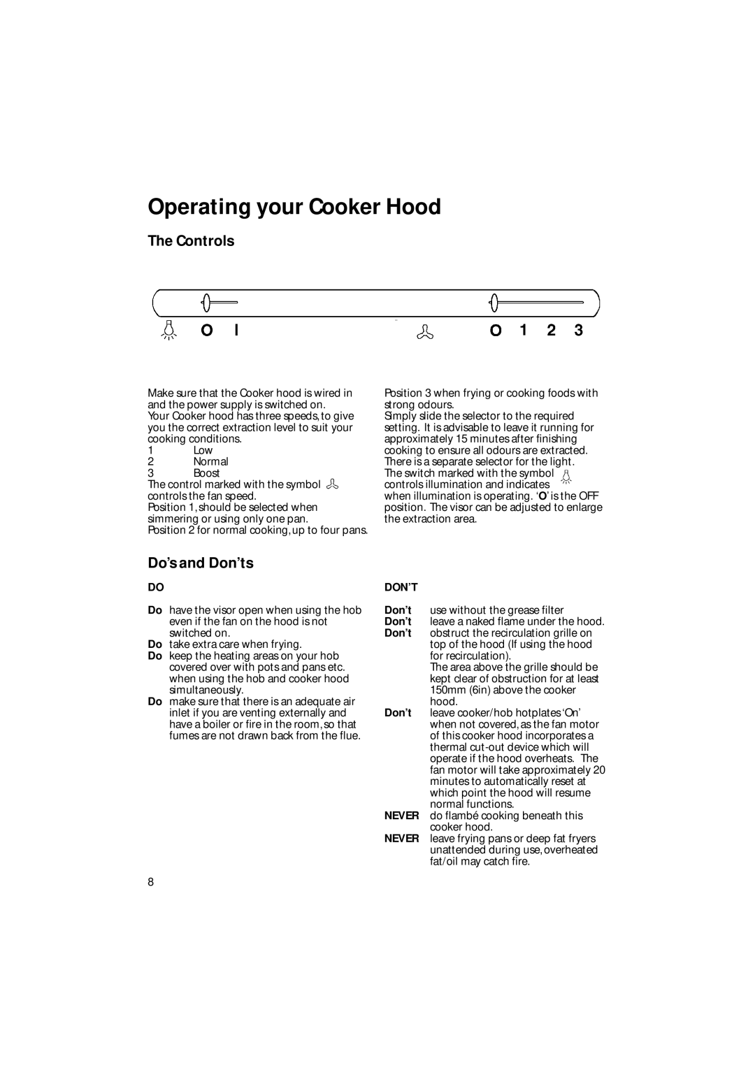 Creda CRV10 manual Operating your Cooker Hood, Don’t 