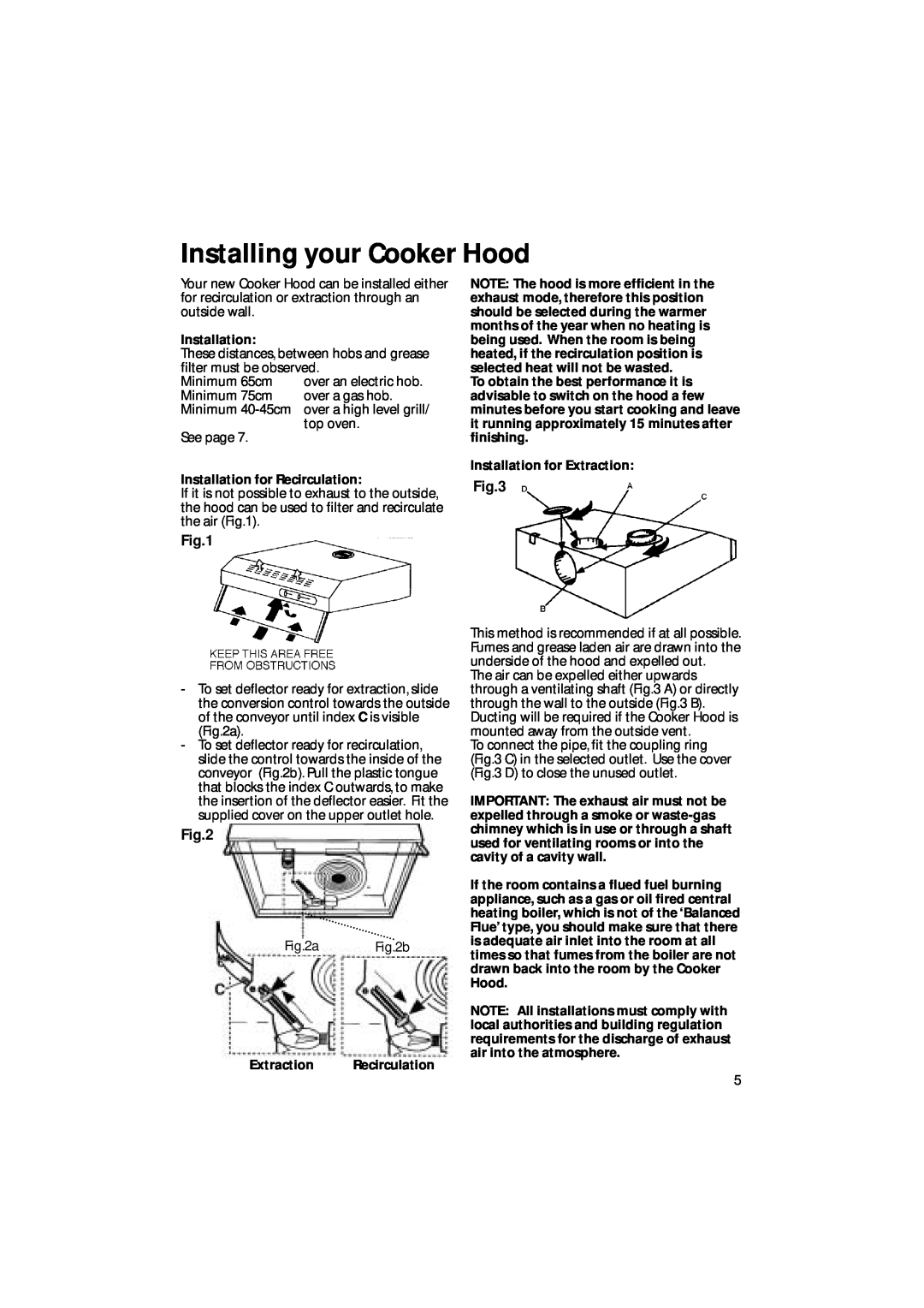 Creda CRV10 manual Installing your Cooker Hood, Installation for Recirculation, Installation for Extraction 