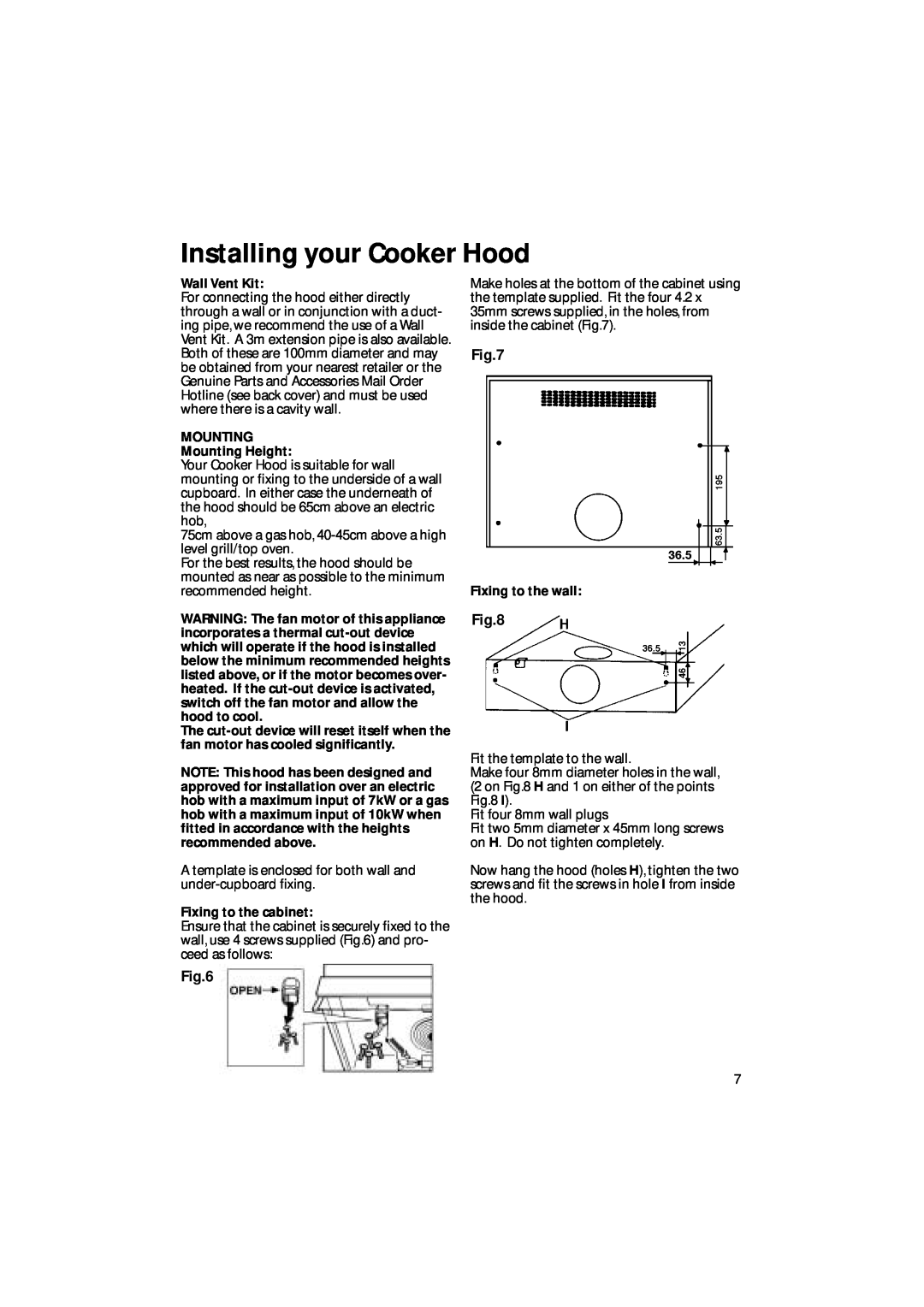 Creda CRV10 manual Installing your Cooker Hood, Wall Vent Kit, MOUNTING Mounting Height, Fixing to the cabinet 